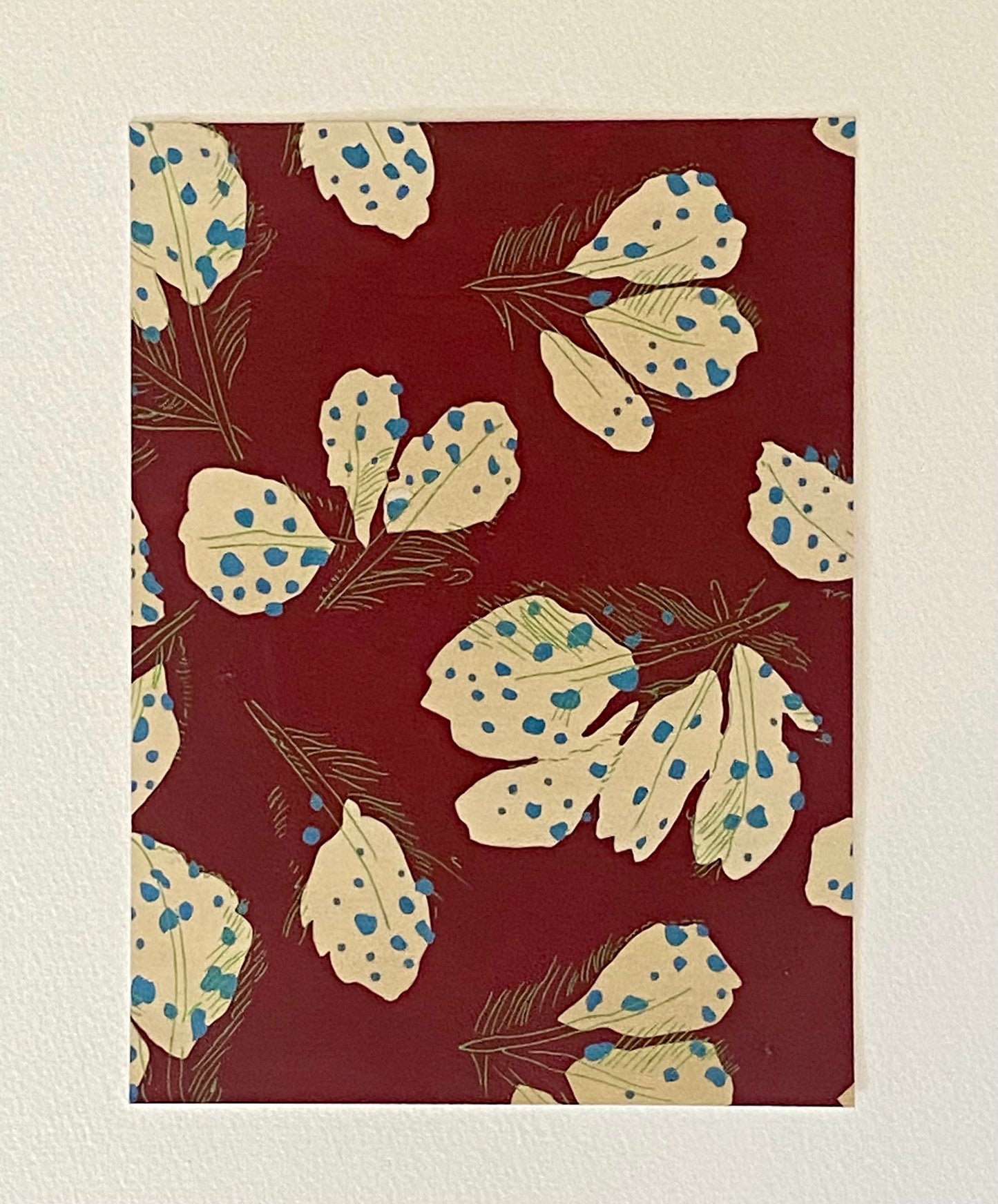 An Original Textile Design. White Feathers on A Chestnut Ground. Hand Painted. English Origin. Mid 20th Century. Size: 18.2 x 13.4 cms.