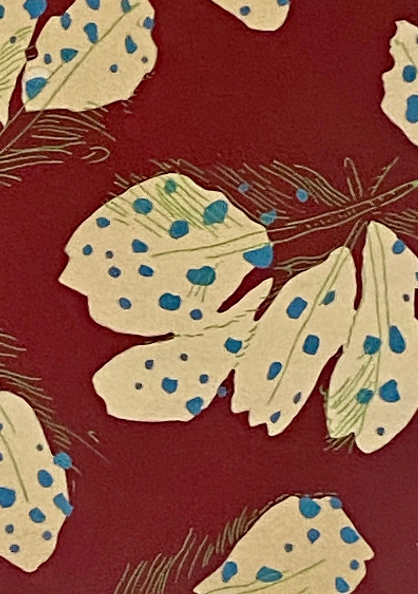 An Original Textile Design. White Feathers on A Chestnut Ground. Hand Painted. English Origin. Mid 20th Century. Size: 18.2 x 13.4 cms.