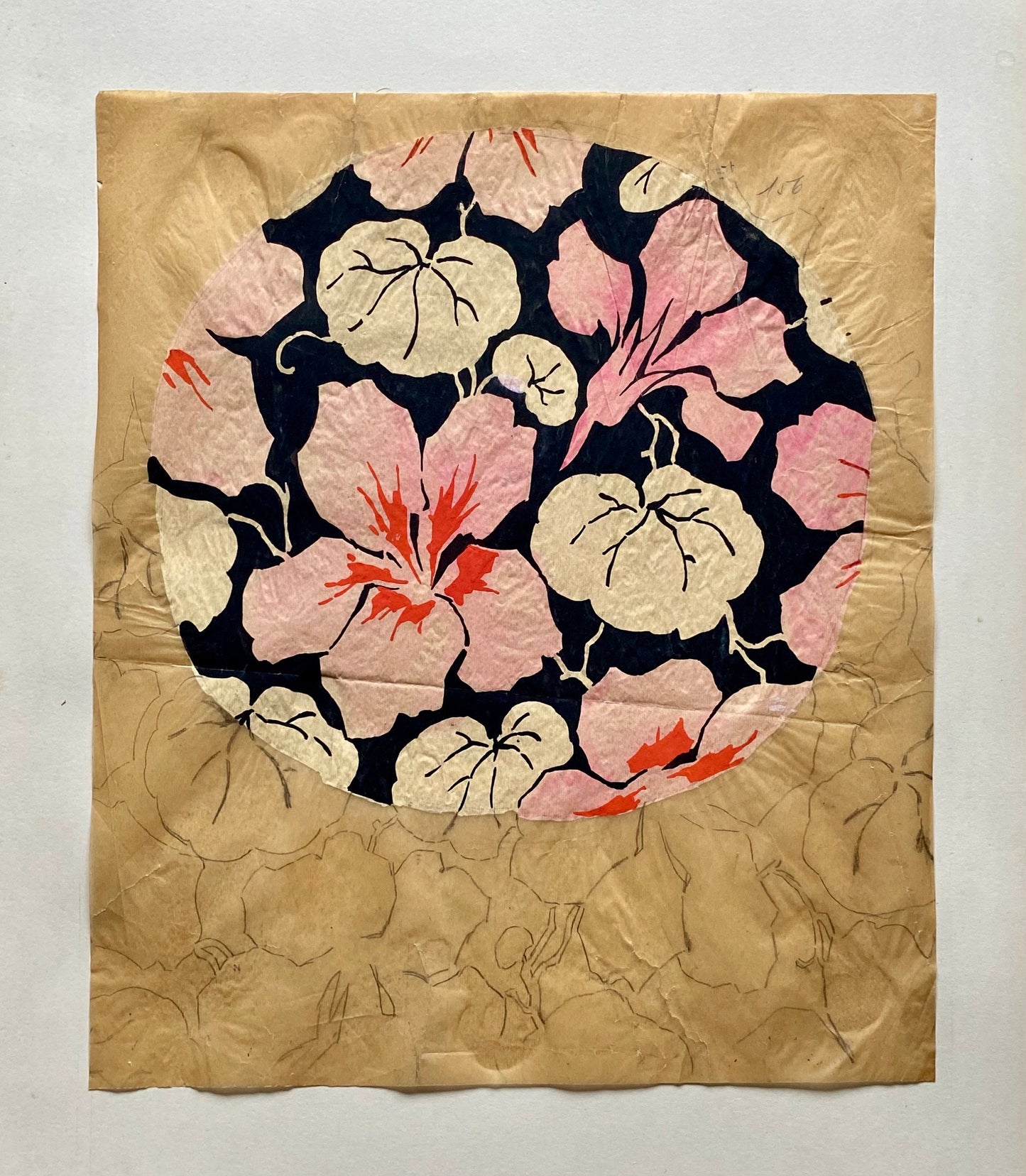 Nasturtiums. An Original Antique Textile Design. Hand Drawn and Painted. Produced in Lyon, France in 1930. Large: 30.2 x 25.5 cms.