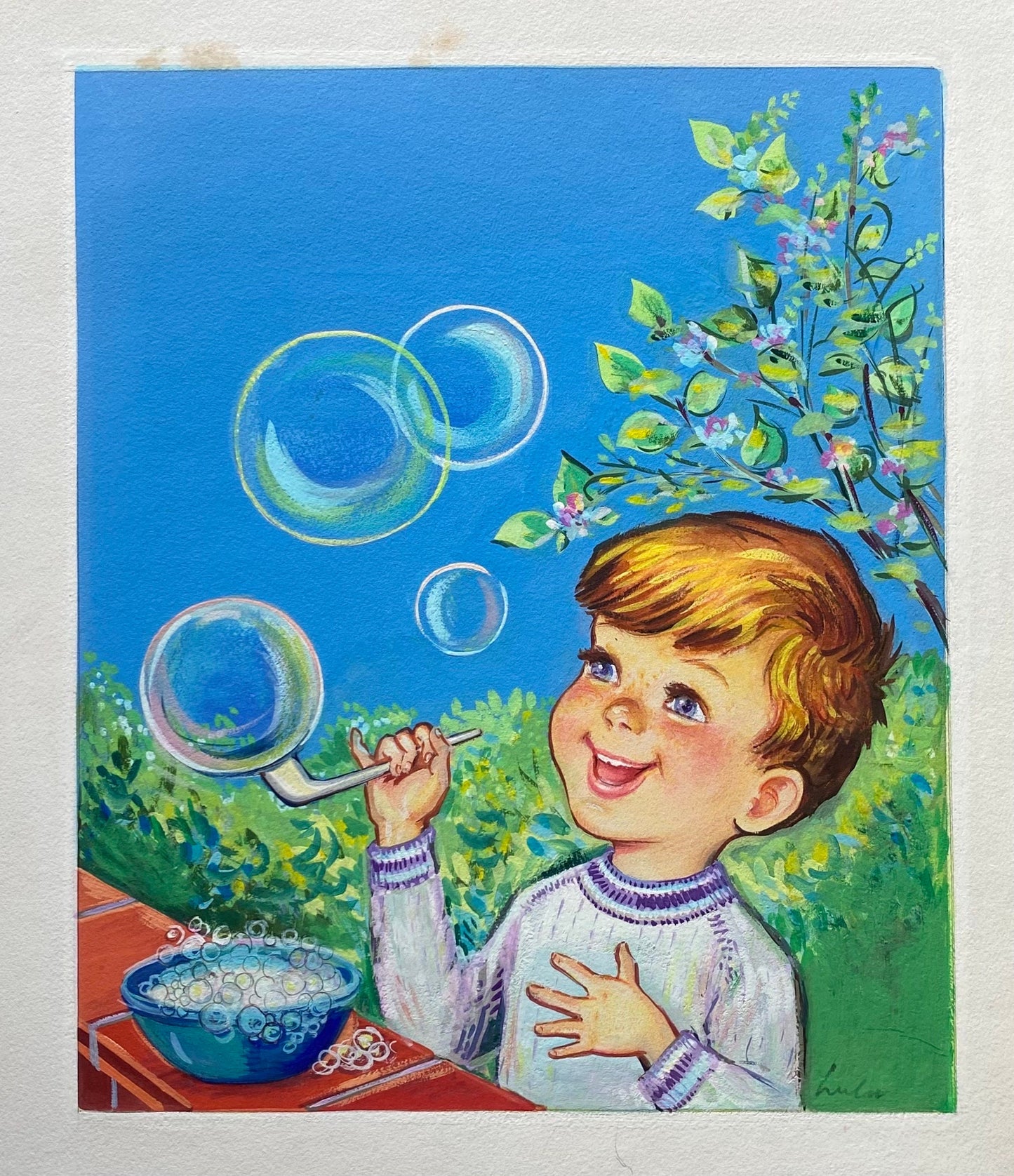 A Boy Blowing Bubbles. An Original Illustration From The 1950’s. Watercolour. signed by Lulu. Size: 36 x 29.5 cms.