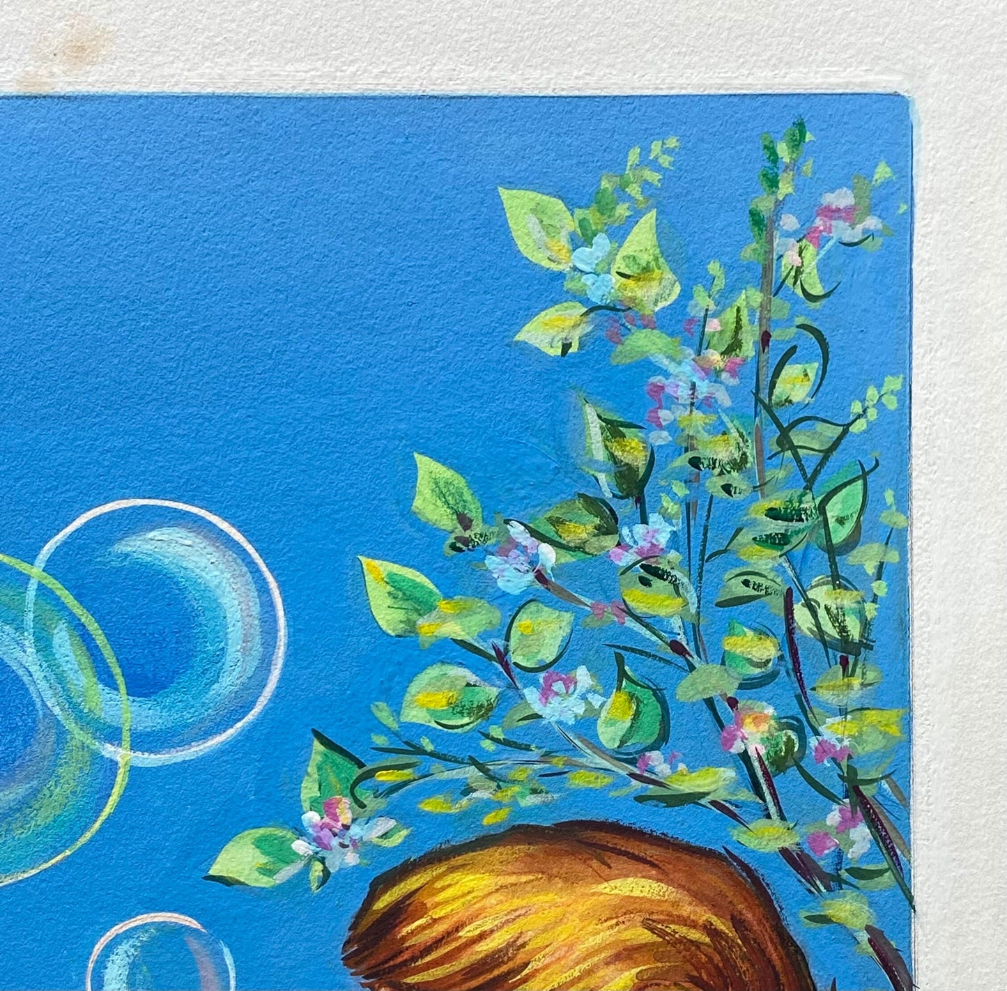A Boy Blowing Bubbles. An Original Illustration From The 1950’s. Watercolour. signed by Lulu. Size: 36 x 29.5 cms.