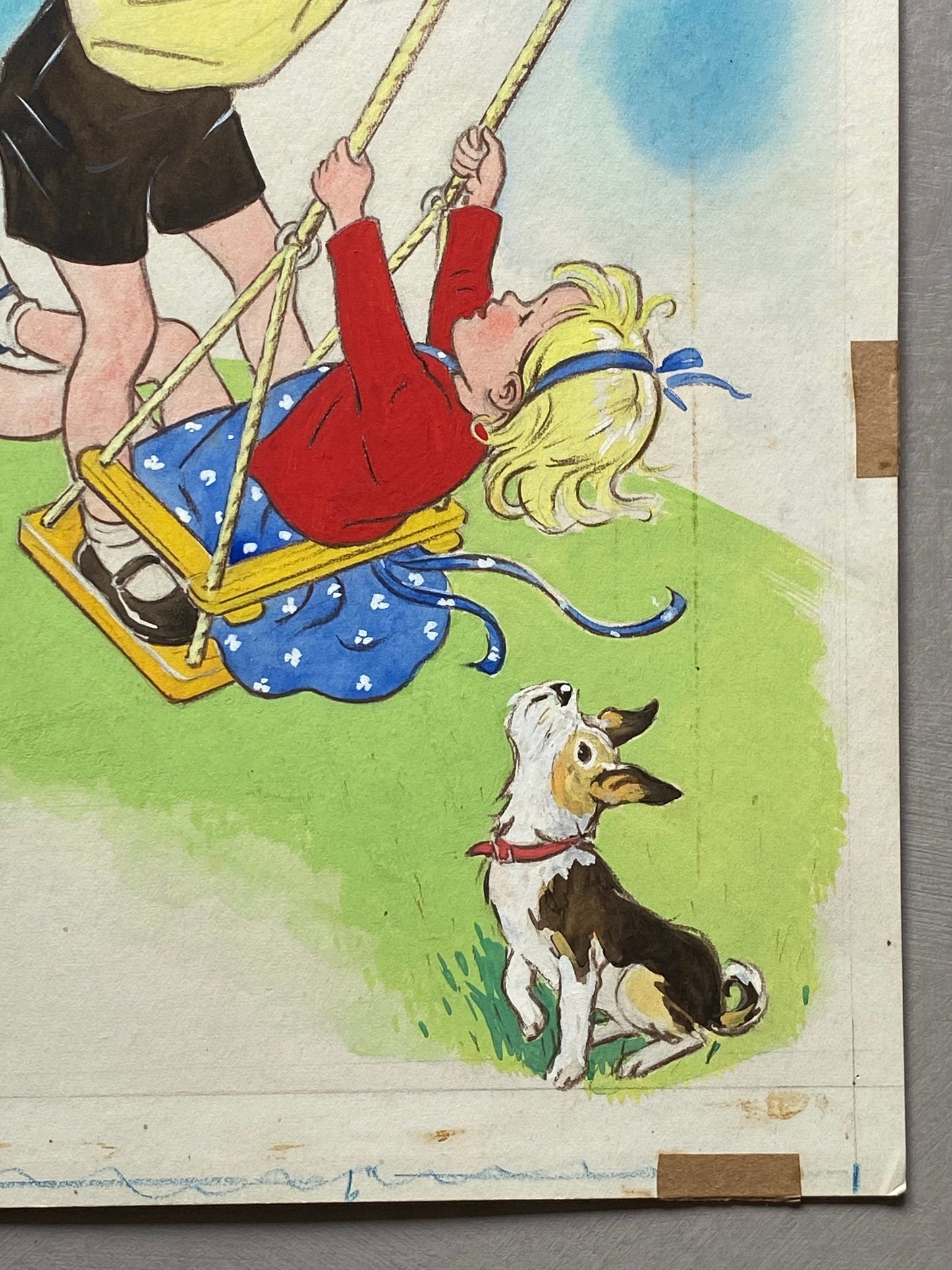 Children On A Swing. An Original Illustration From The 1950s. Watercolour. Size: 30.5 x 22.5 cms.