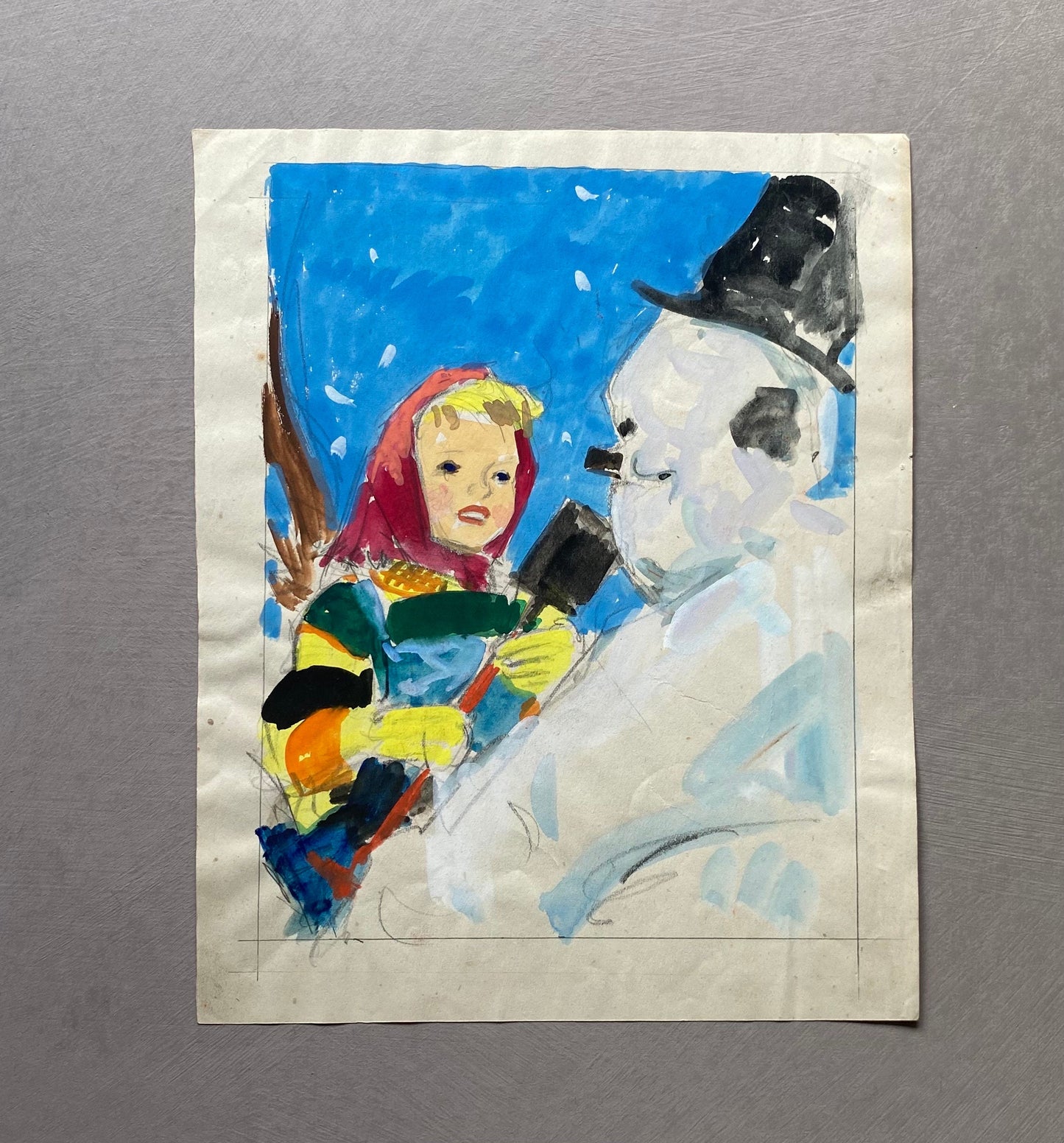 Girl Making a Snowman. An Original Illustration From The 1950’s. Watercolour. Size: 21 x 28.5 cms.