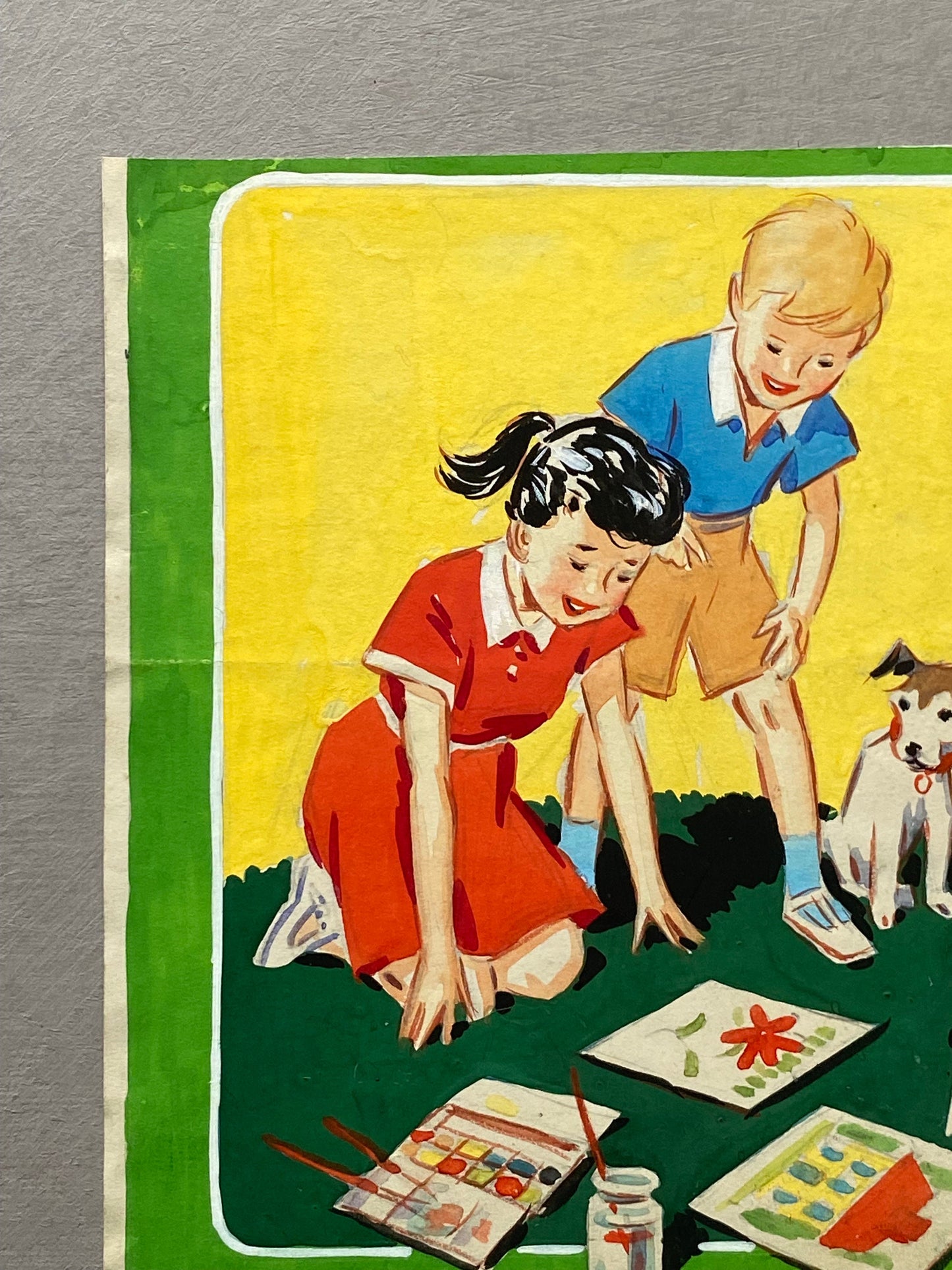 Children Painting. An Original Watercolour Illustration From The 1950’s. Size: 20.2 x 19.7 cms.
