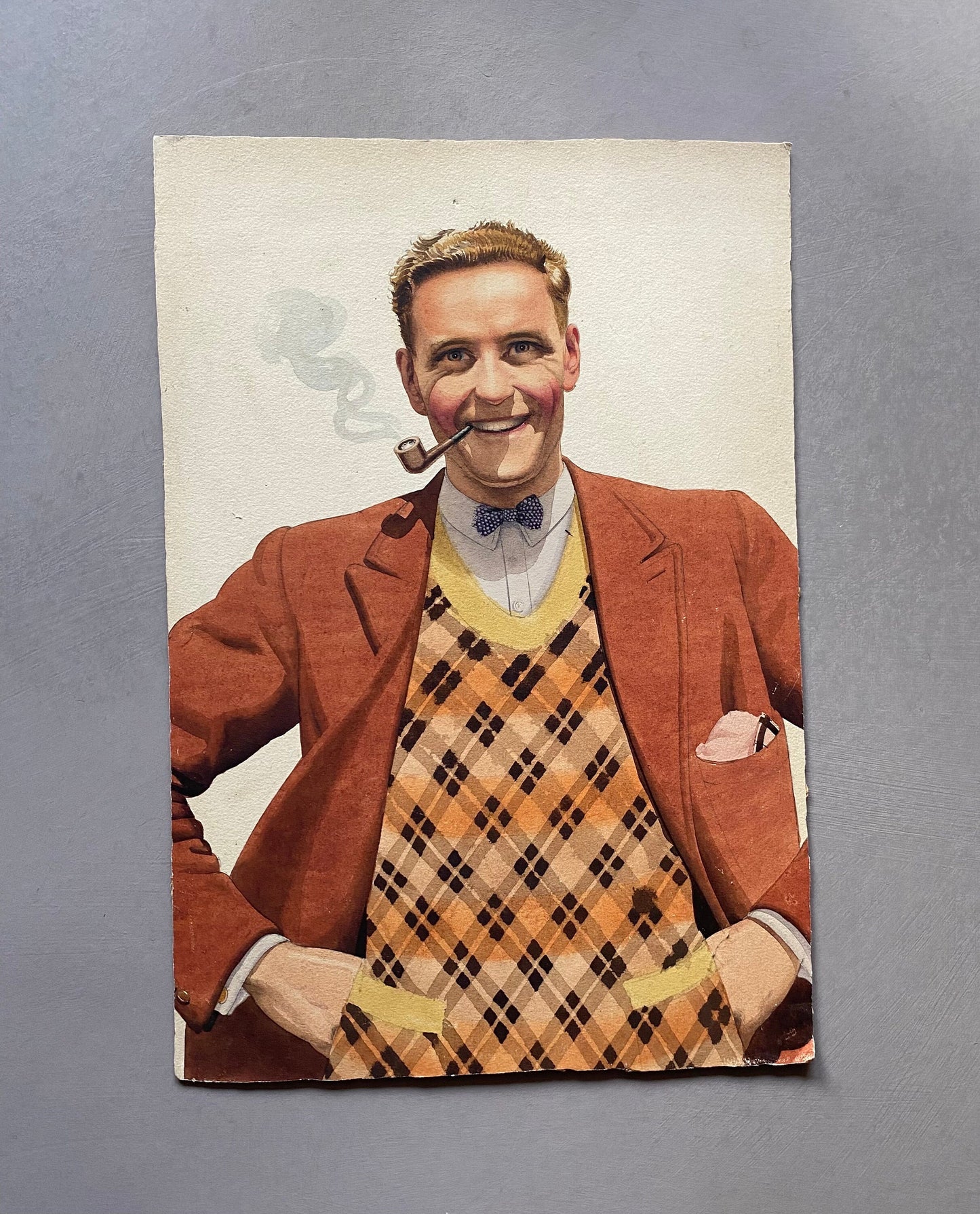 Man With a Pipe. An Original Watercolour From The 1950s. Possibly Created For Advertising Purposes. Size: 38.8 x 26.5 cms.
