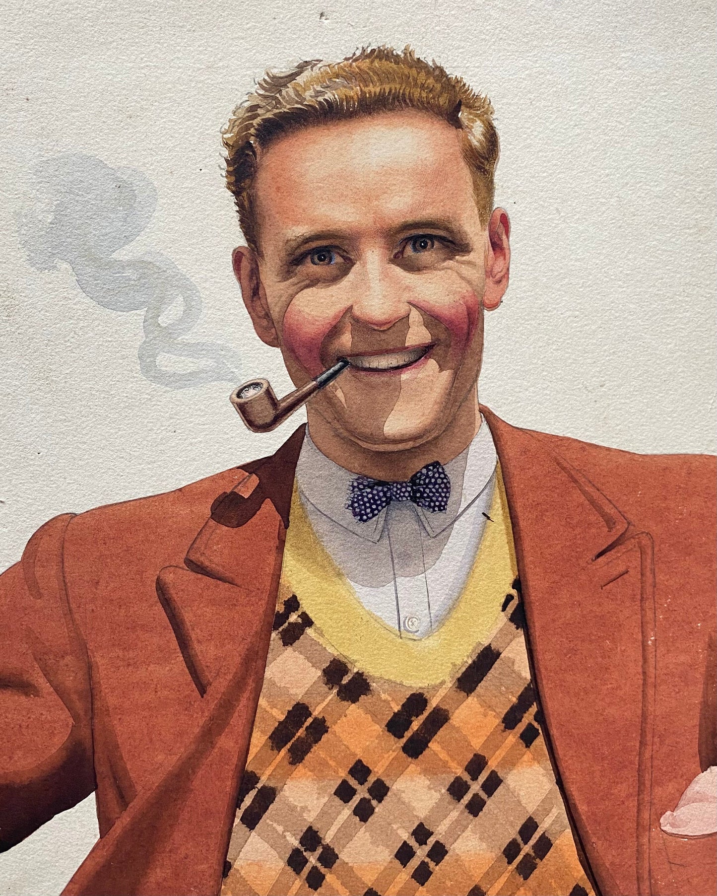 Man With a Pipe. An Original Watercolour From The 1950s. Possibly Created For Advertising Purposes. Size: 38.8 x 26.5 cms.