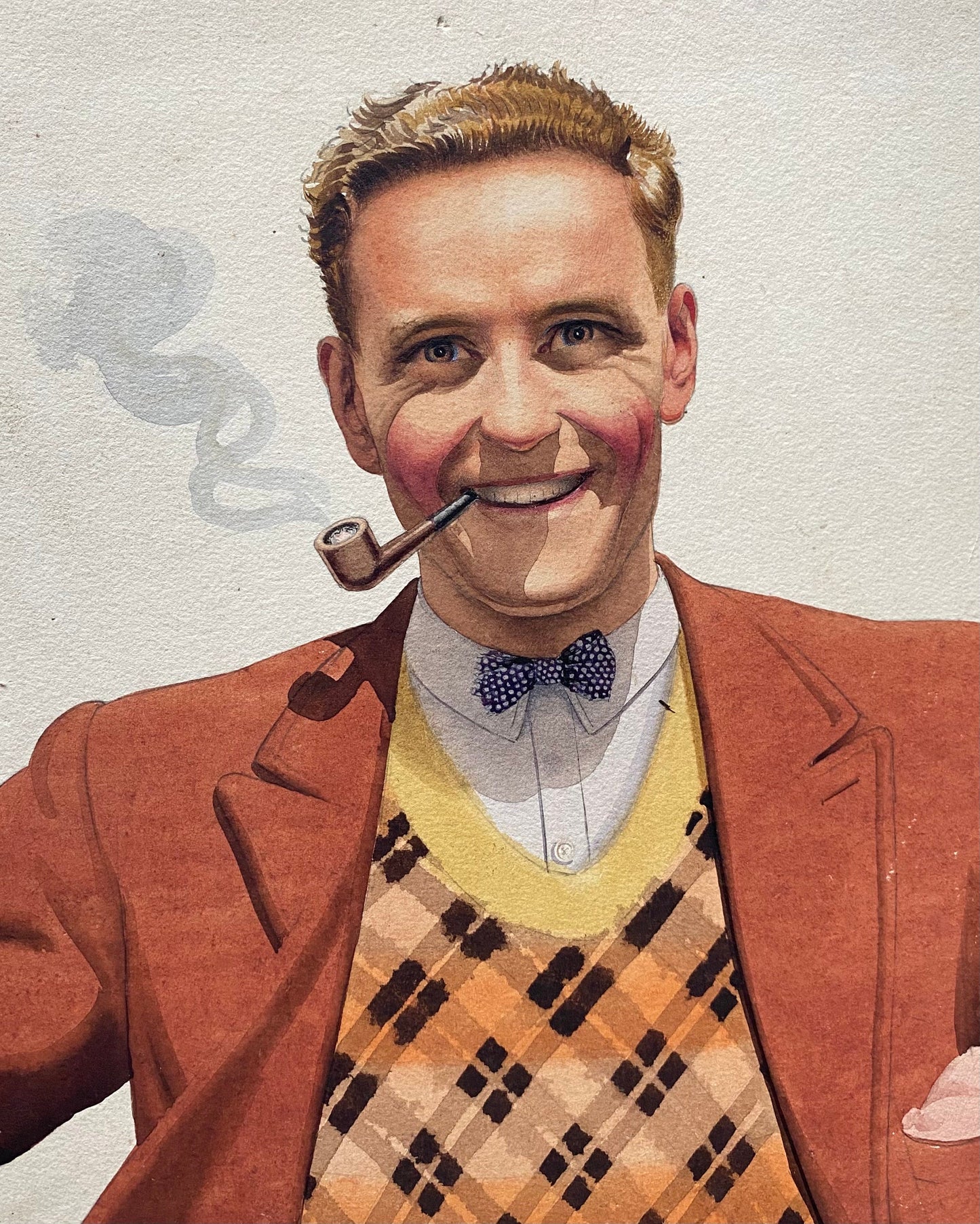 Man With a Pipe. An Original Watercolour From The 1950s. Possibly Created For Advertising Purposes. Size: 38.8 x 26.5 cms.