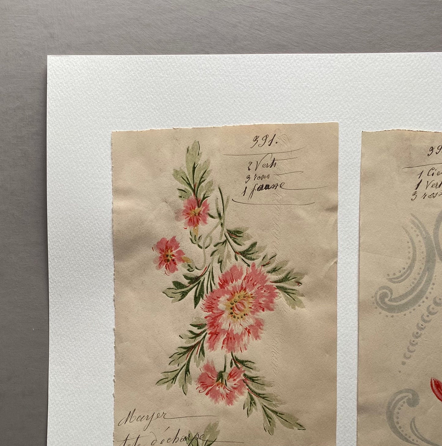 Two Original Annotated Antique Textile Designs. Hand Printed. Produced in Lyon, France in 1890. Large: 41.5 x 50 cms.
