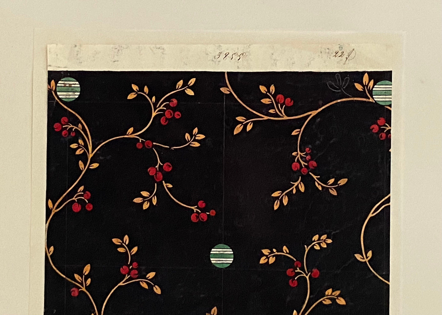 A Genuine 19th Century handpainted French Textile Design. Dated 1837. Mounted on Antique Paper. 16.3 x 14.5 cms.