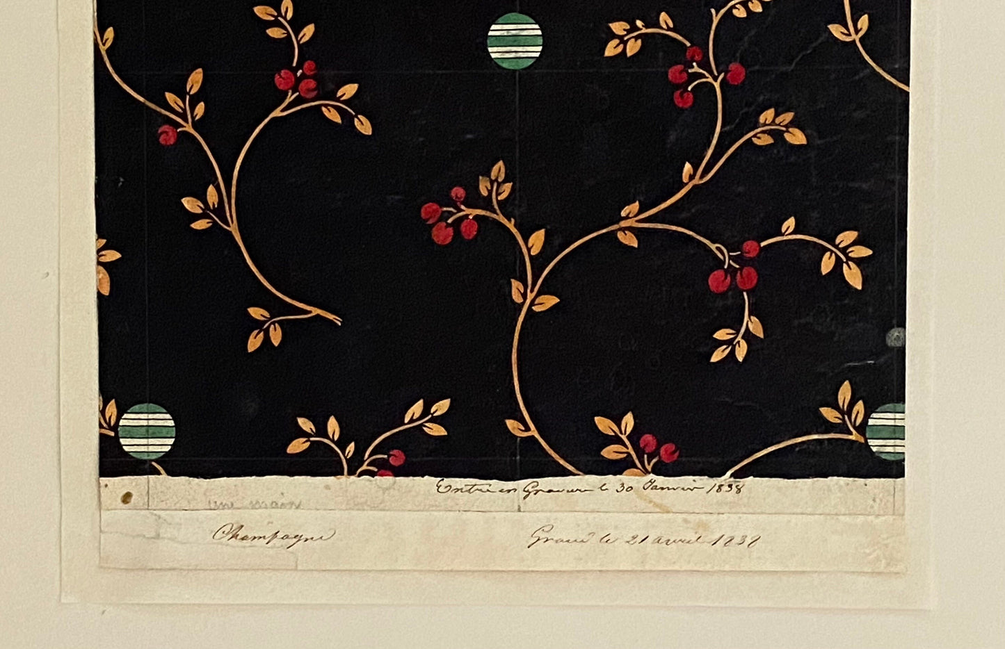 A Genuine 19th Century handpainted French Textile Design. Dated 1837. Mounted on Antique Paper. 16.3 x 14.5 cms.