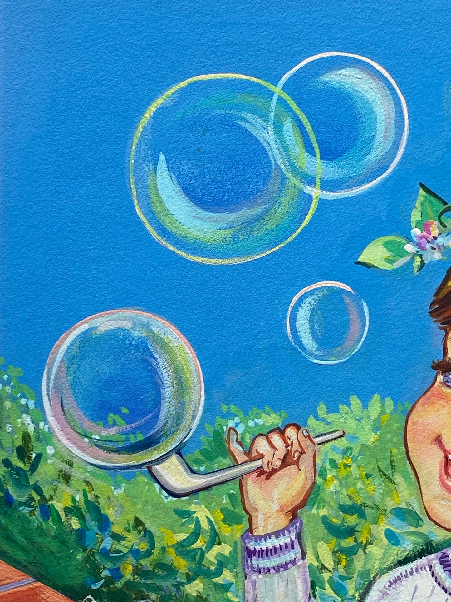 A Boy Blowing Bubbles. An Original Illustration From The 1950’s. Watercolour. signed by Lulu. Size: 36 x 29.5 cms.