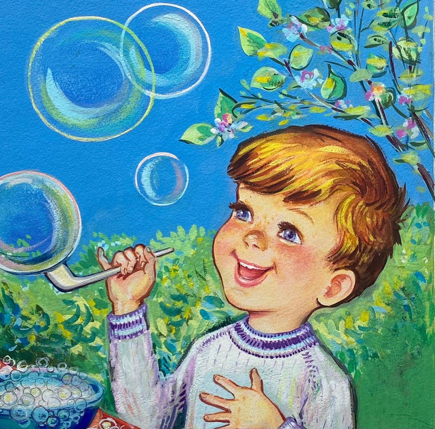 A Boy Blowing Bubbles. An Original Illustration From The 1950’s. Watercolour. signed by Lulu. Size: 36 x 29.5 cms.