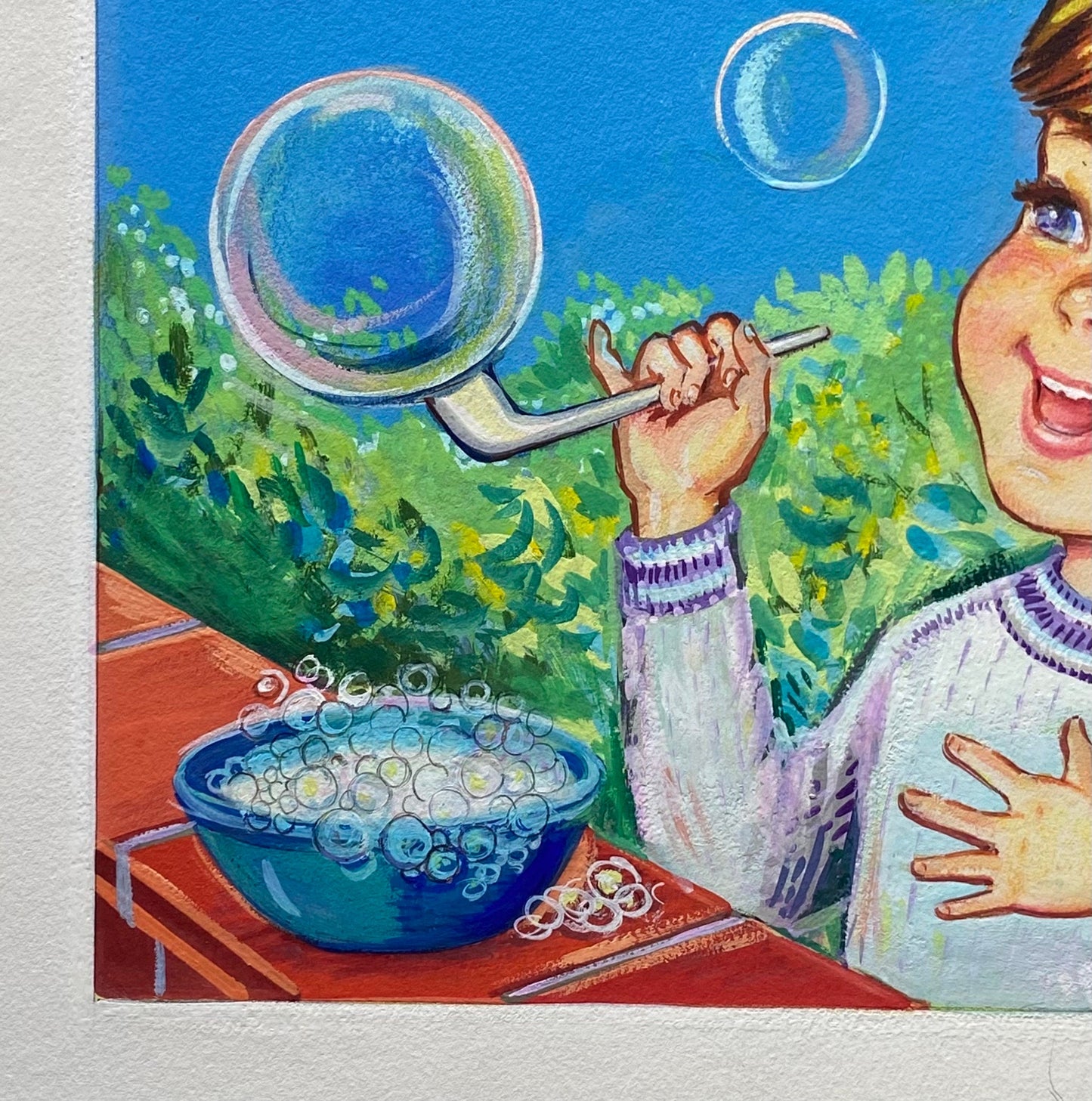 A Boy Blowing Bubbles. An Original Illustration From The 1950’s. Watercolour. signed by Lulu. Size: 36 x 29.5 cms.
