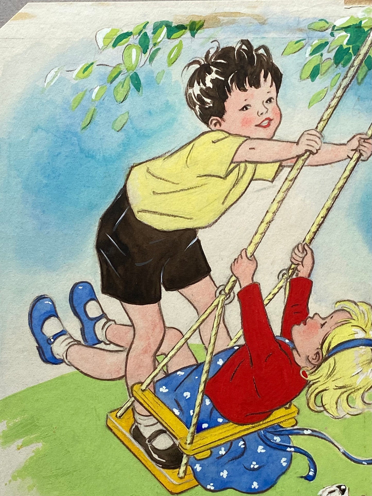 Children On A Swing. An Original Illustration From The 1950s. Watercolour. Size: 30.5 x 22.5 cms.