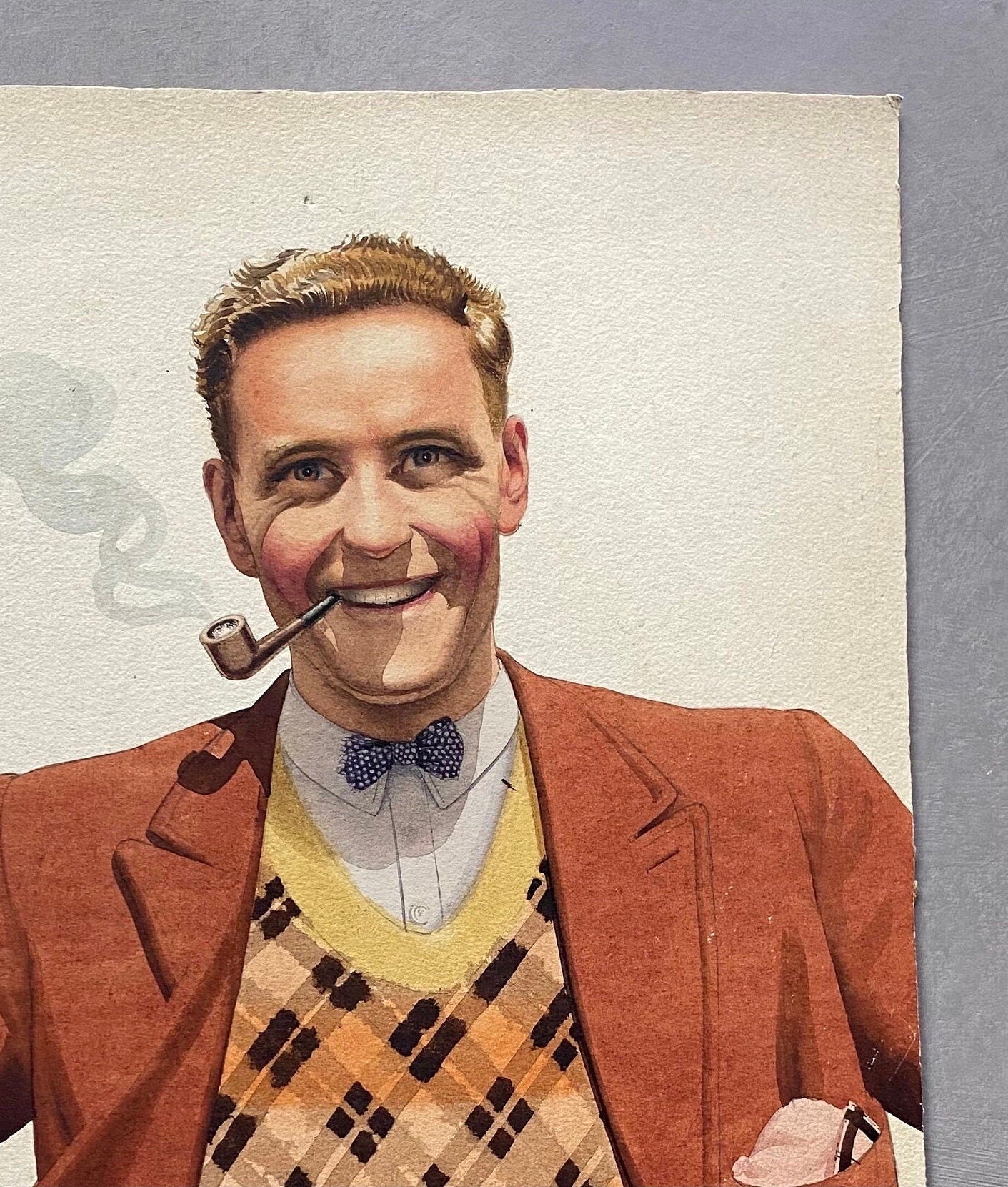 Man With a Pipe. An Original Watercolour From The 1950s. Possibly Created For Advertising Purposes. Size: 38.8 x 26.5 cms.