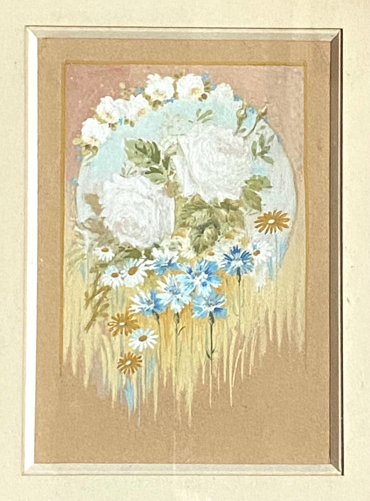A Most Delicate Floral Watercolour Painting in Original Frame. French. Shabby chic. Undated. Size with frame: 51 x 25.5 cms.