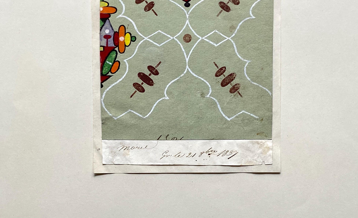 A handpainted 19th Century French Textile Design. Dated 1837. Mounted on Antique Paper. 35.4 x 30.4 cms.