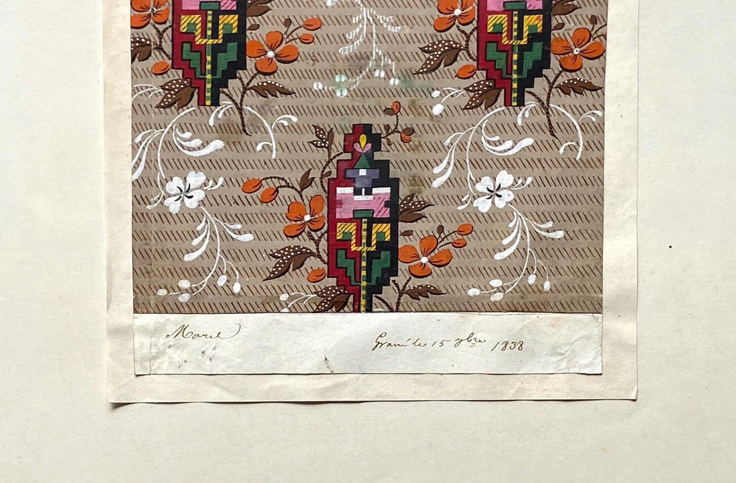 A handpainted 19th Century French Textile Design. Dated 1838. Mounted on Antique Paper. 35.4 x 30.4 cms.