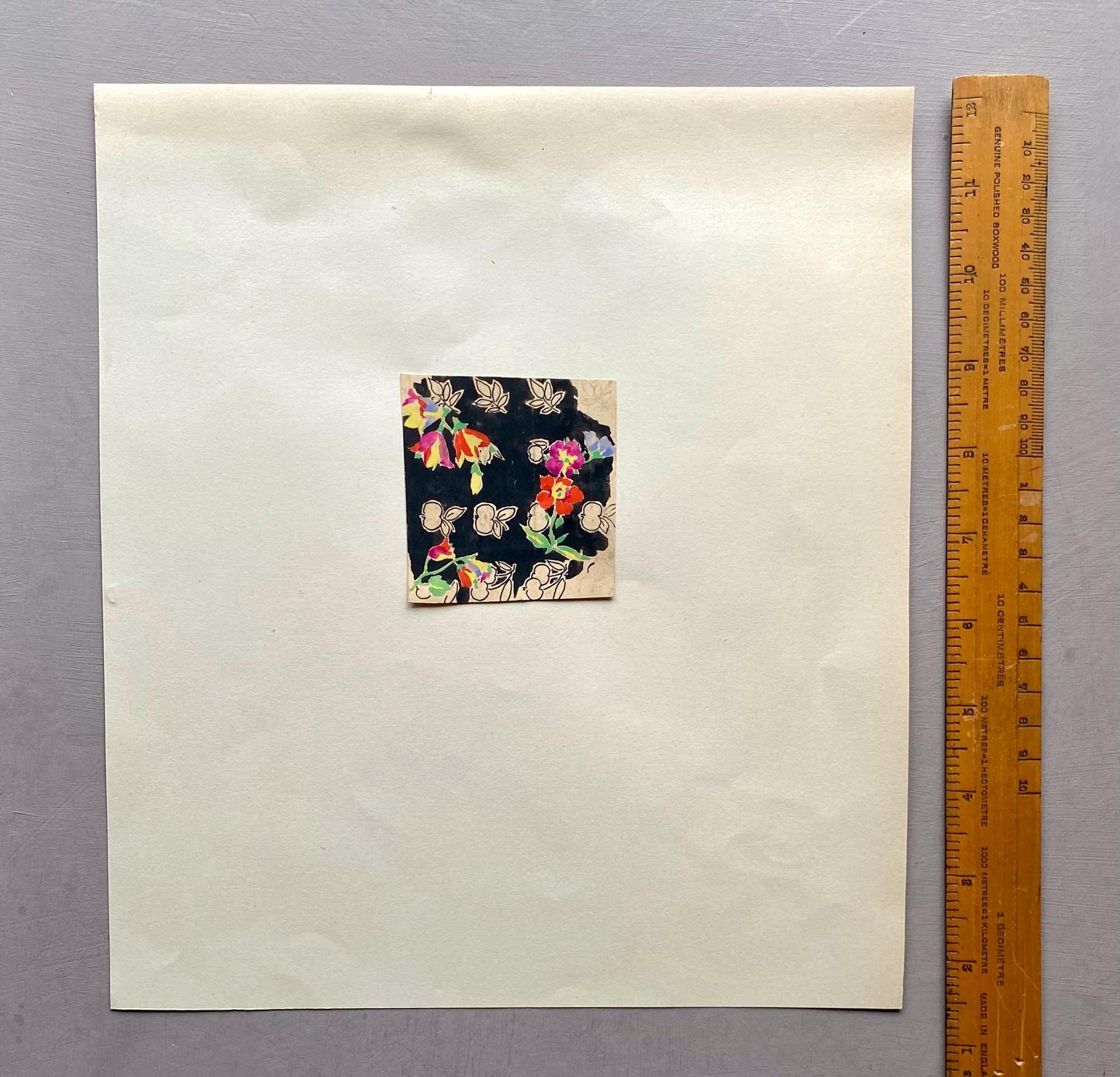 An Original Antique French Textile Design. Floral. Hand Drawn and Painted. 1930s. Size: 6.7 x 6.2 cms.