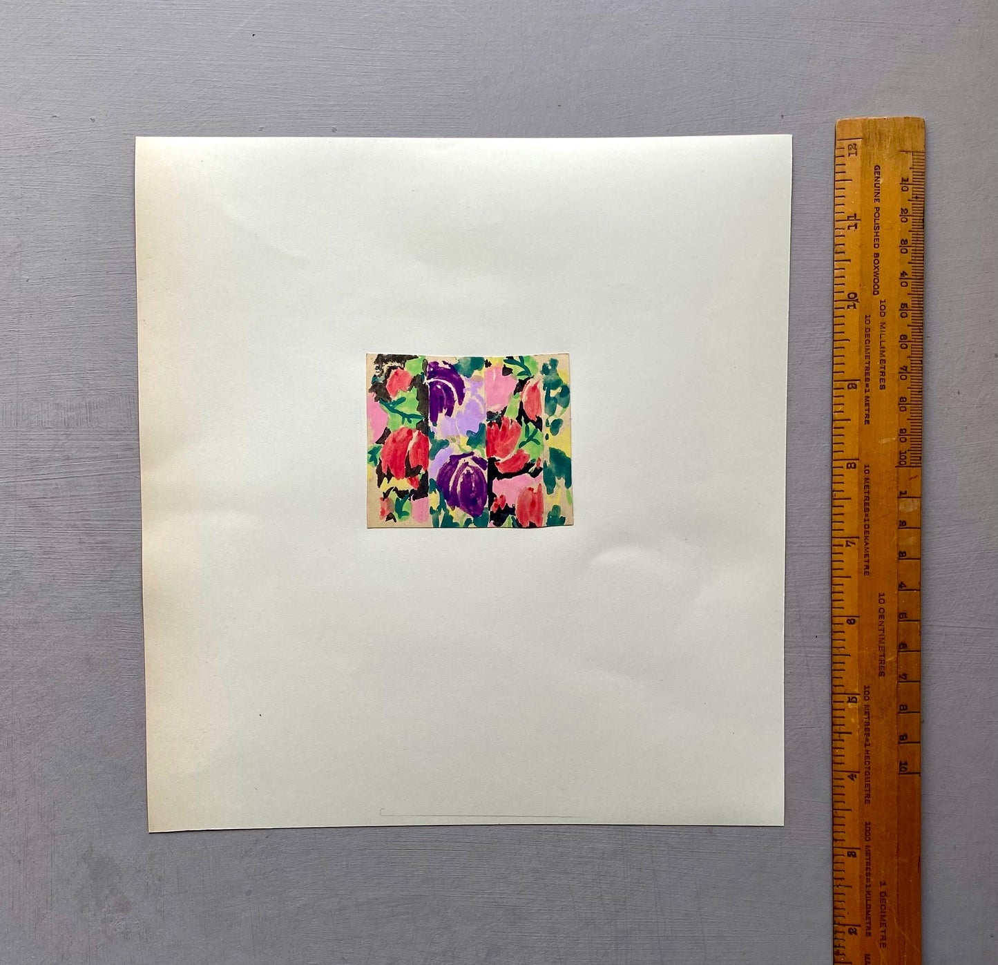 An Original Antique French Textile Design. Floral. Hand Drawn and Painted. 1930s. Size: 5.6 x 6.7 cms.