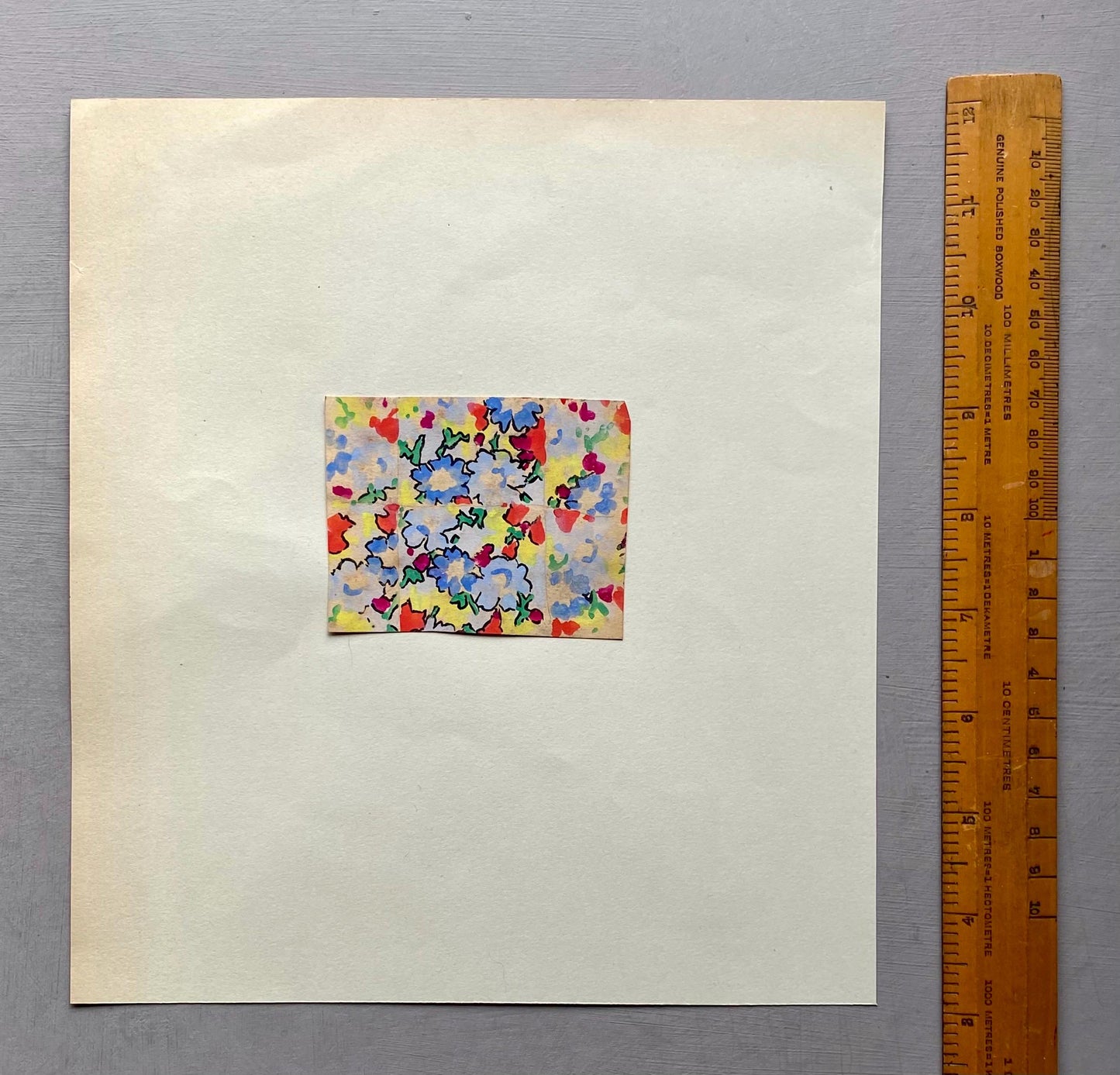 An Original Antique French Textile Design. Floral. Hand Drawn and Painted. 1930s. Size: 6.2 x 7.7 cms.
