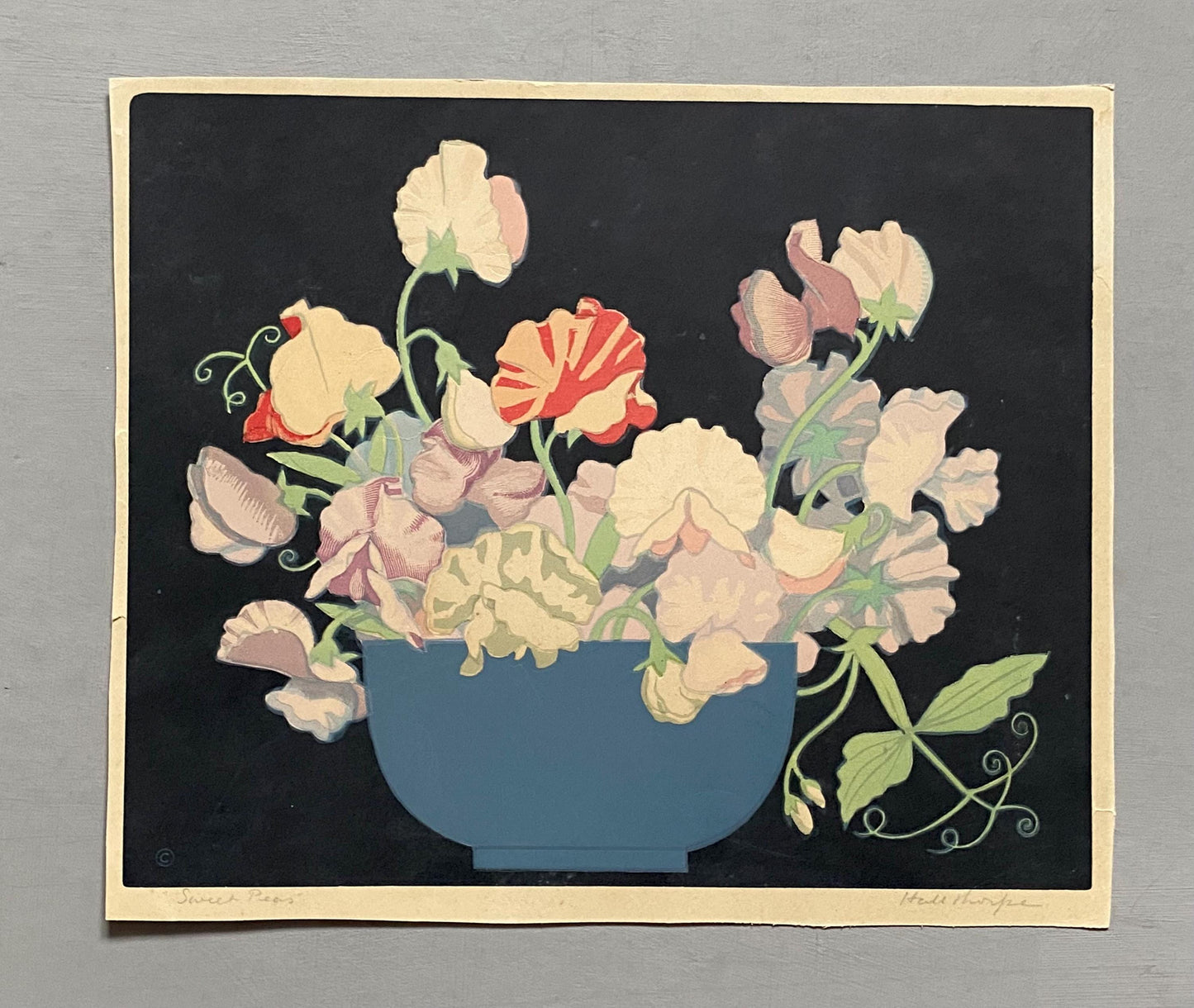 Sweet Peas. An Original Woodcut by John Hall Thorpe. Signed By The Artist. Dated 1925. Size: 29 x 23.5 cms.