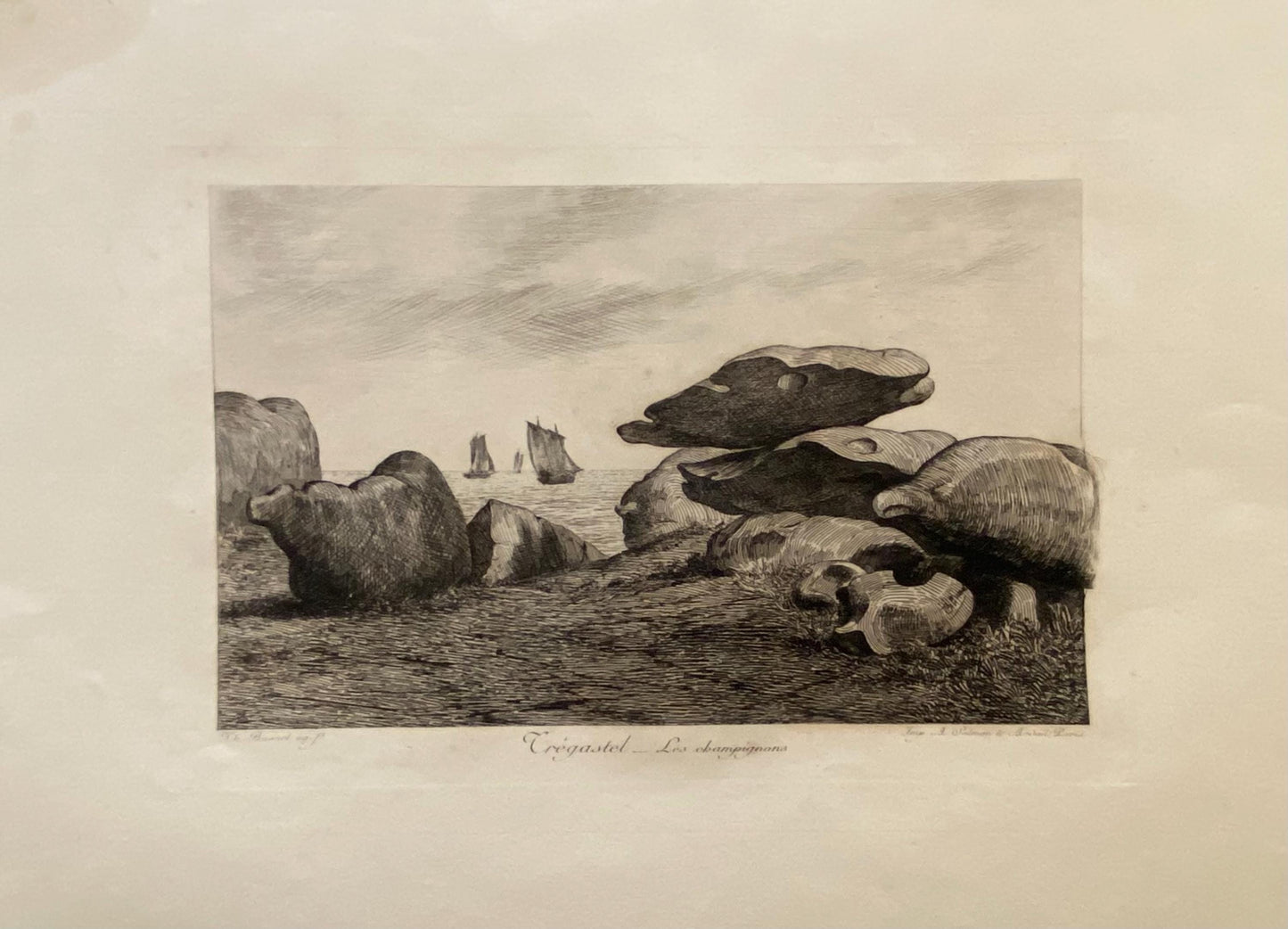 Tregaste, Brittany. By Thomas Busnet. Three Engravings Showing Rock Formations in Brittany. 1890. 15.5 x 24 cms.