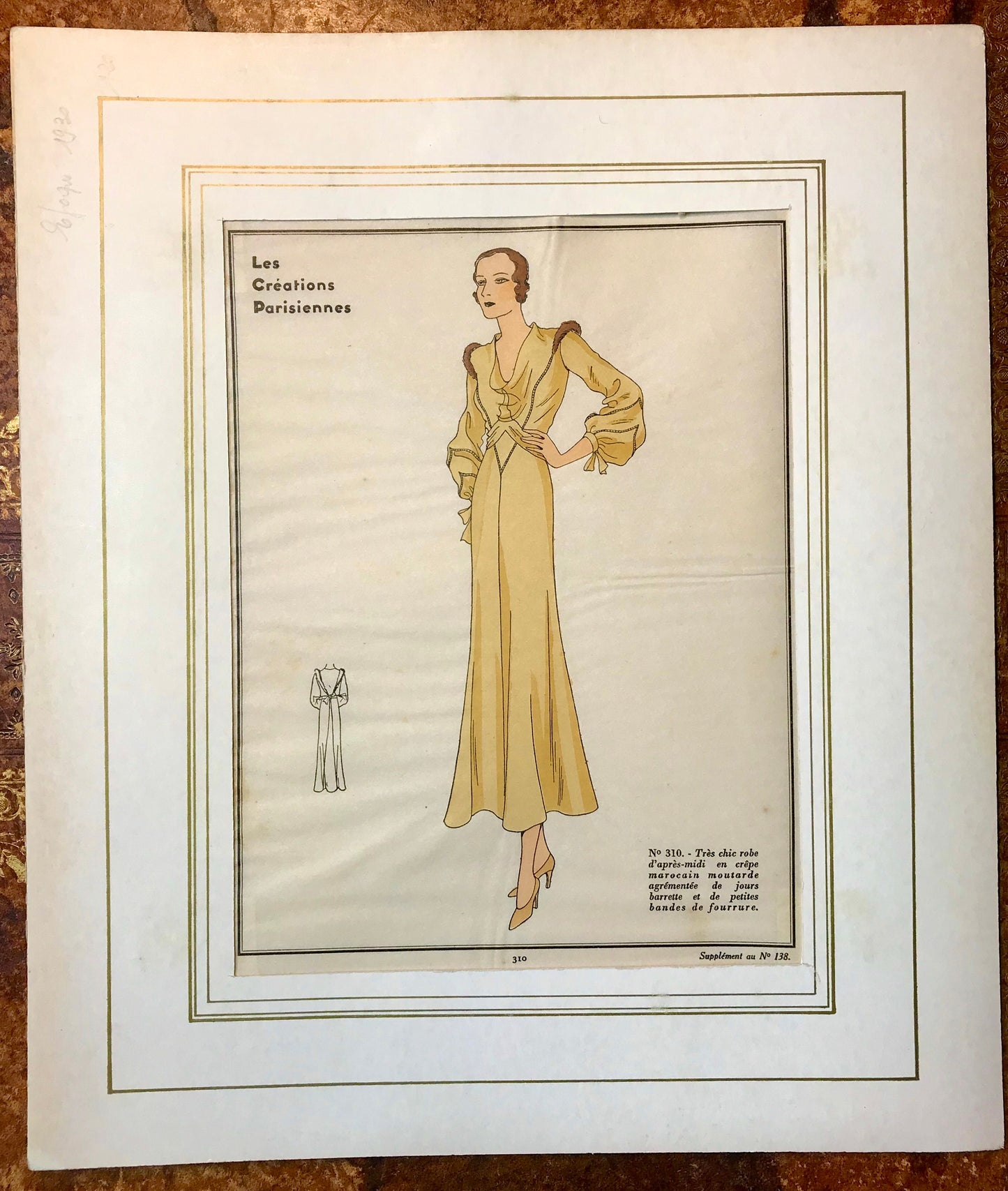 An Original Fashion Sketch, or Croquis, from ‘Les Creations Parisiennes’. A Hand Coloured Lithograph print. 1930. Size: 18.2 x 23.8 cms.