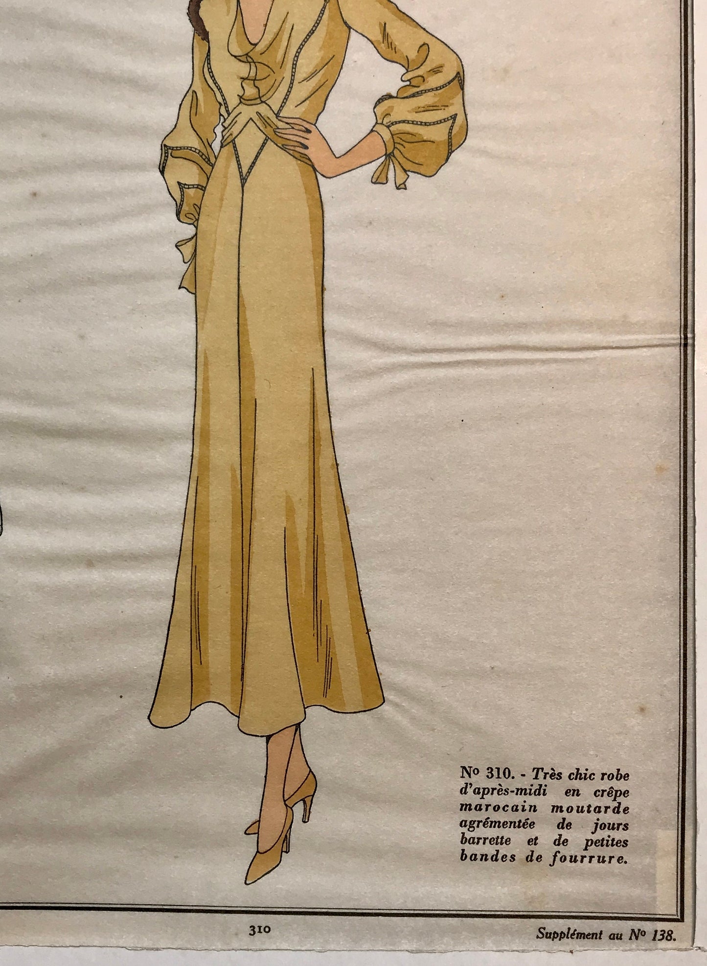 An Original Fashion Sketch, or Croquis, from ‘Les Creations Parisiennes’. A Hand Coloured Lithograph print. 1930. Size: 18.2 x 23.8 cms.