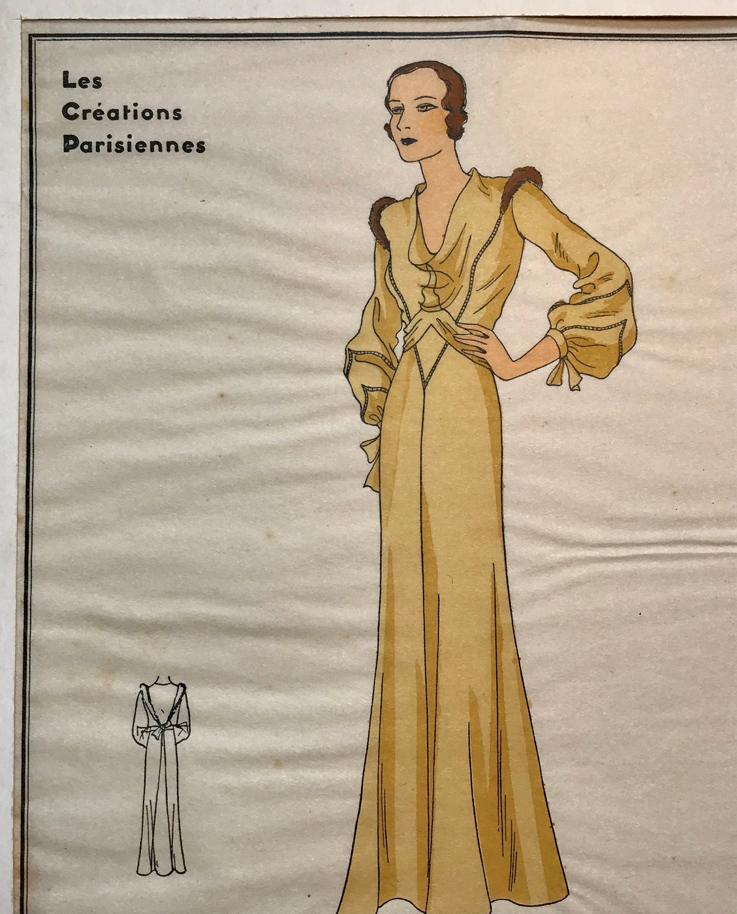 An Original Fashion Sketch, or Croquis, from ‘Les Creations Parisiennes’. A Hand Coloured Lithograph print. 1930. Size: 18.2 x 23.8 cms.
