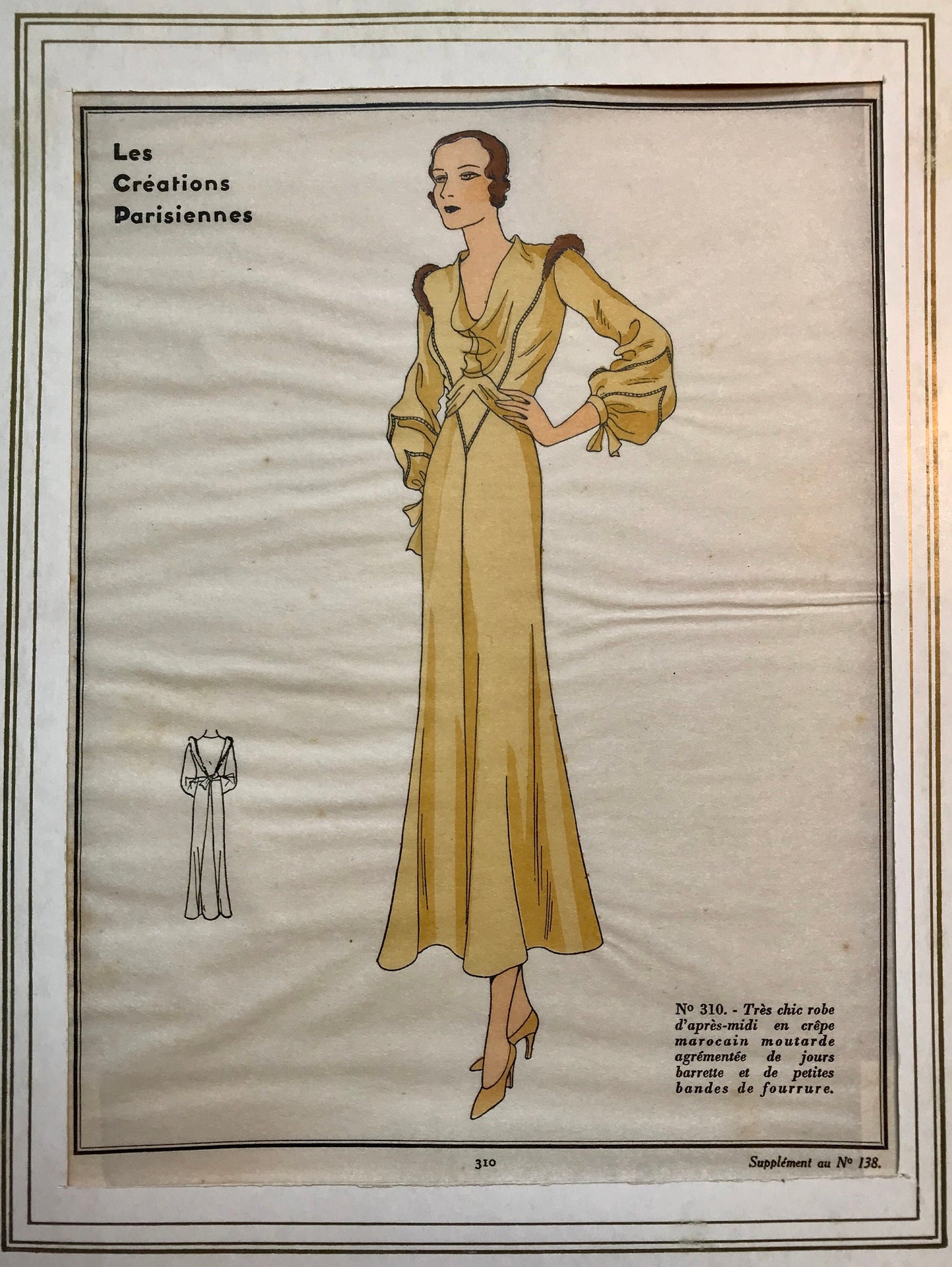 An Original Fashion Sketch, or Croquis, from ‘Les Creations Parisiennes’. A Hand Coloured Lithograph print. 1930. Size: 18.2 x 23.8 cms.