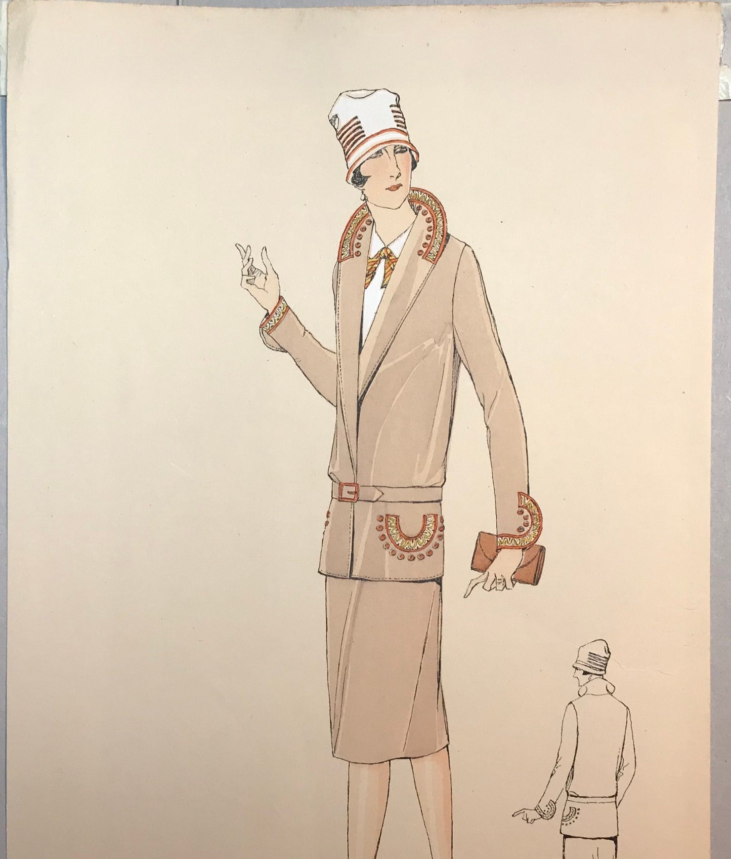 An Original Fashion Sketch, or Croquis, from Parisian Atelier Bachwitz. A Hand Coloured Lithograph print. 1930’s. Size: 30.5 x 18.8 cms.