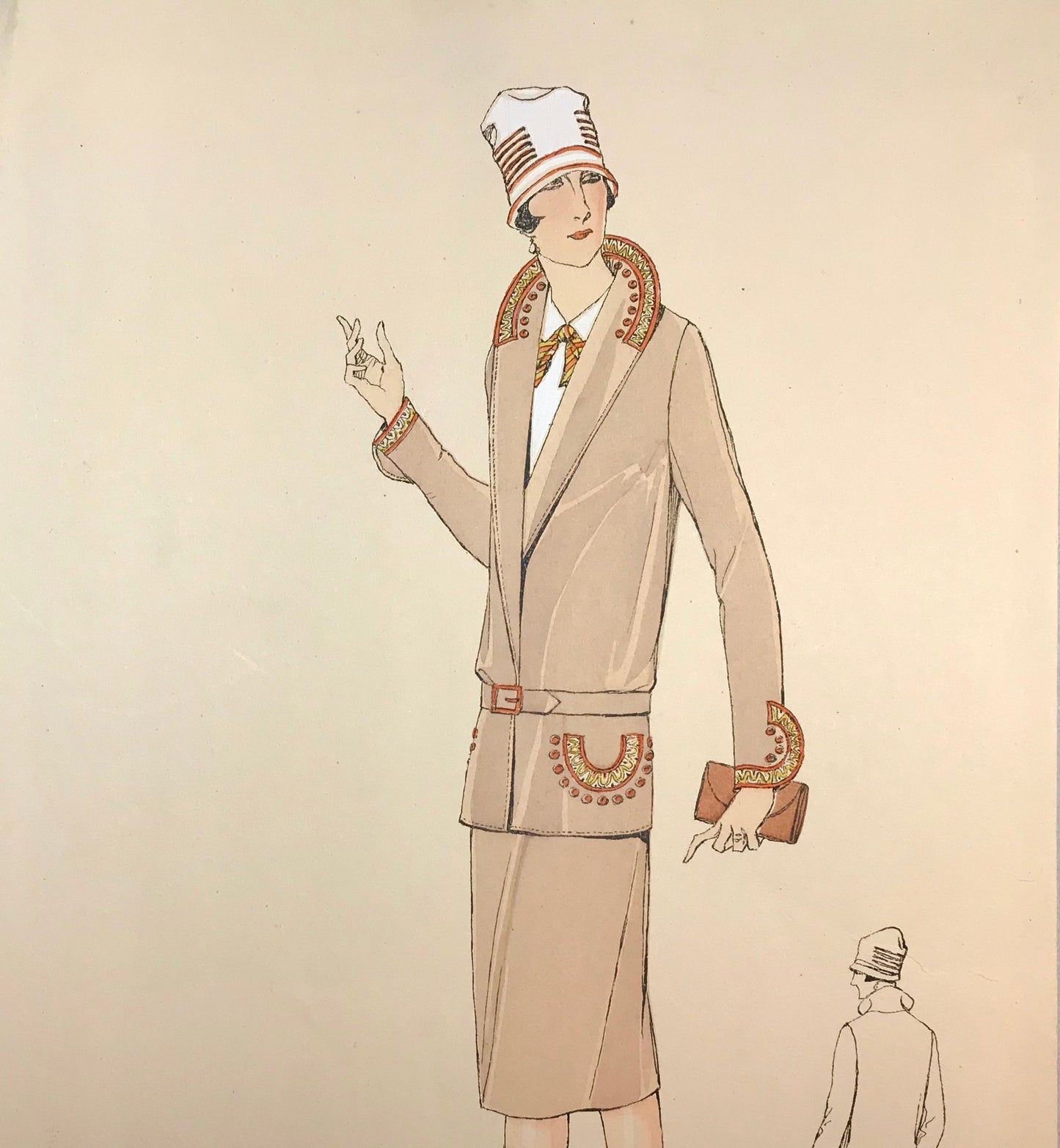 An Original Fashion Sketch, or Croquis, from Parisian Atelier Bachwitz. A Hand Coloured Lithograph print. 1930’s. Size: 30.5 x 18.8 cms.