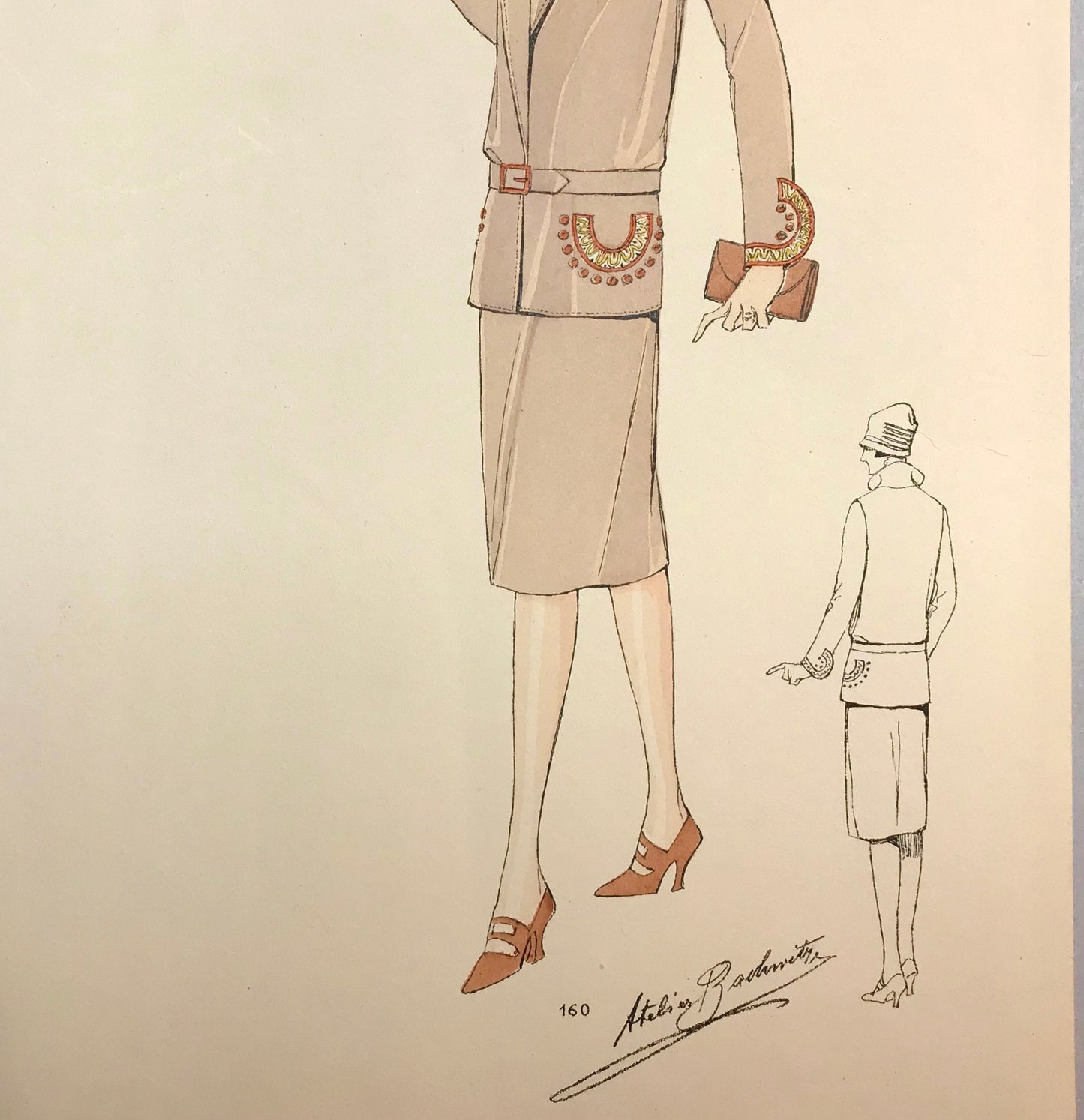 An Original Fashion Sketch, or Croquis, from Parisian Atelier Bachwitz. A Hand Coloured Lithograph print. 1930’s. Size: 30.5 x 18.8 cms.