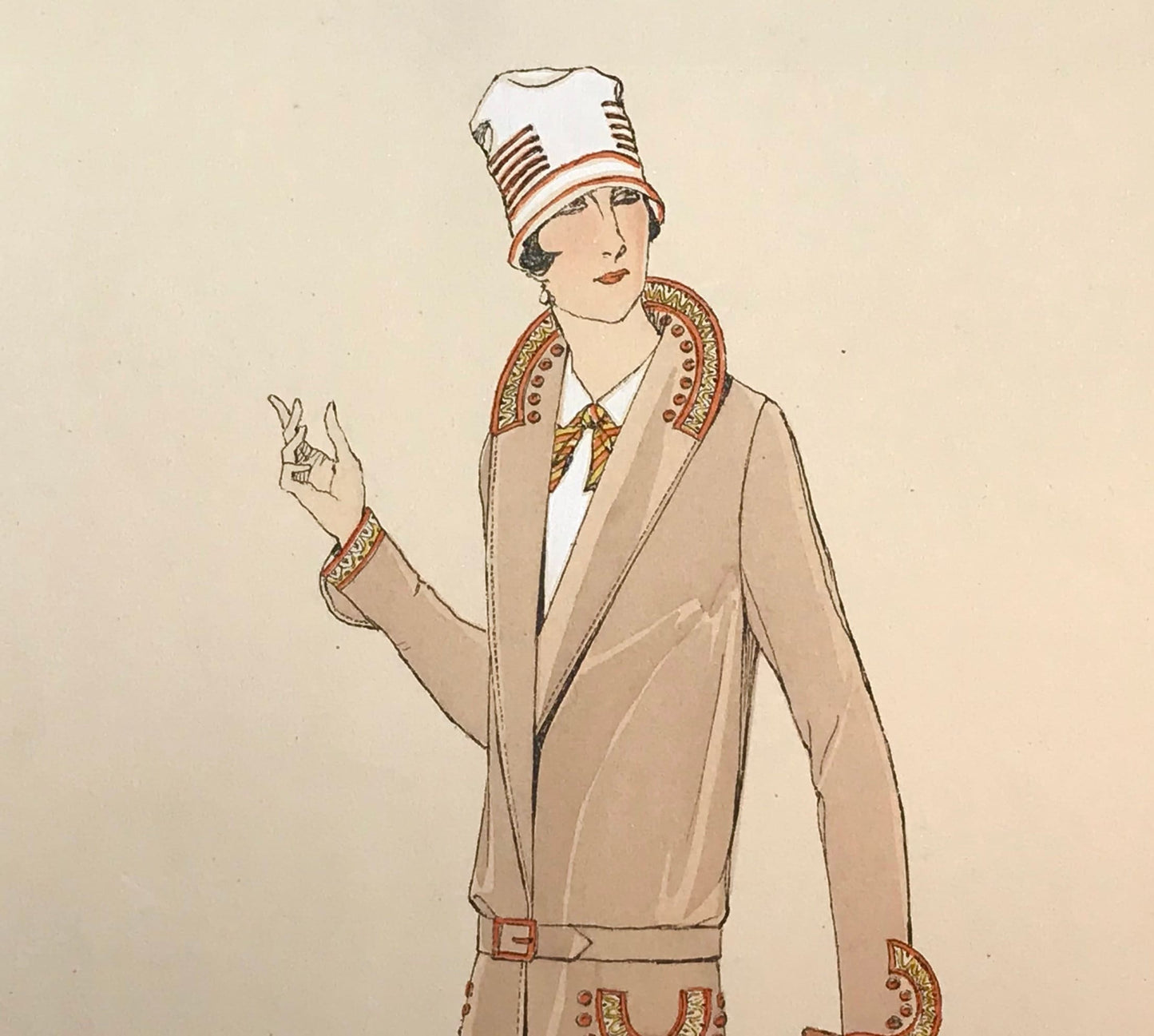 An Original Fashion Sketch, or Croquis, from Parisian Atelier Bachwitz. A Hand Coloured Lithograph print. 1930’s. Size: 30.5 x 18.8 cms.