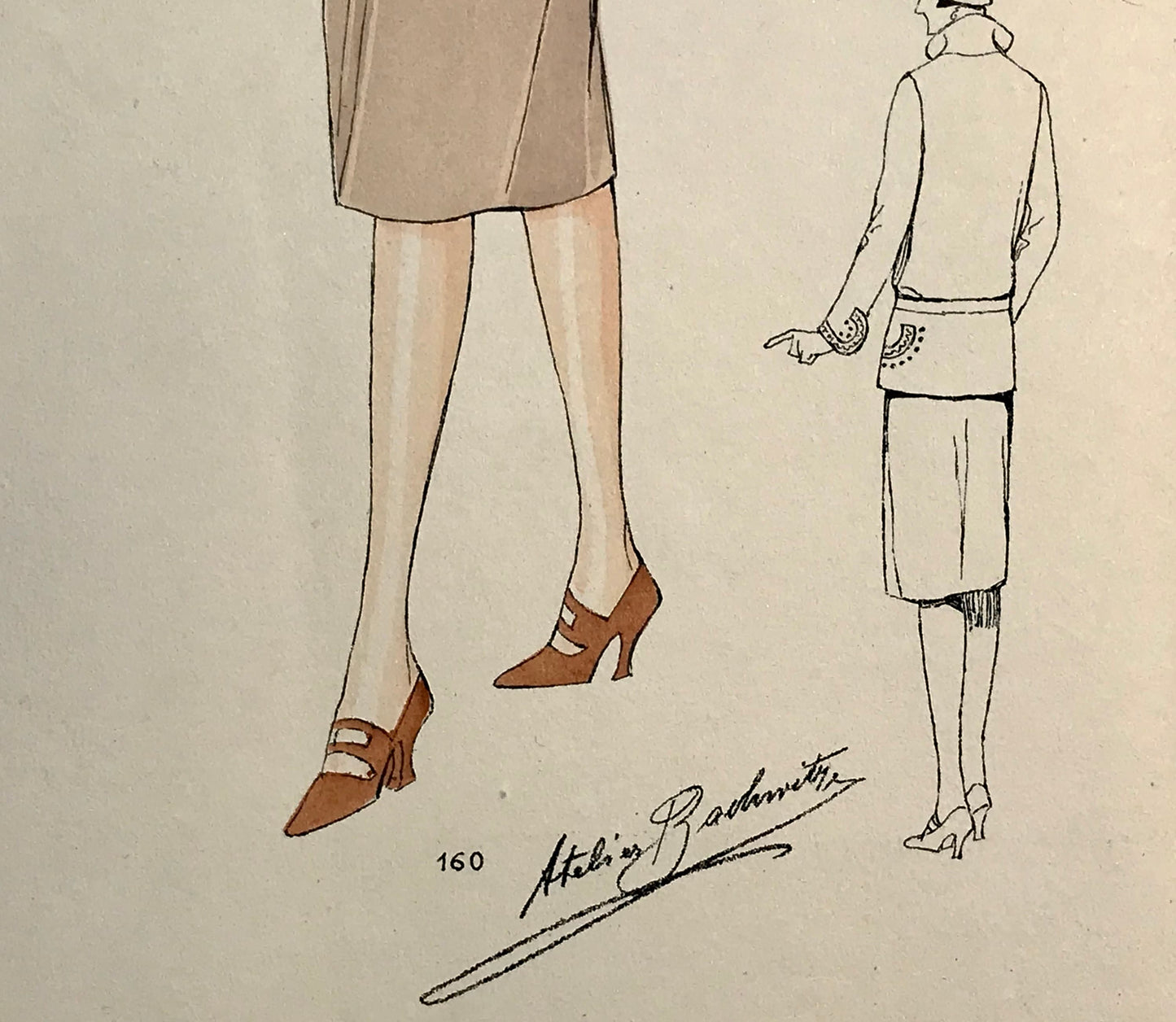 An Original Fashion Sketch, or Croquis, from Parisian Atelier Bachwitz. A Hand Coloured Lithograph print. 1930’s. Size: 30.5 x 18.8 cms.