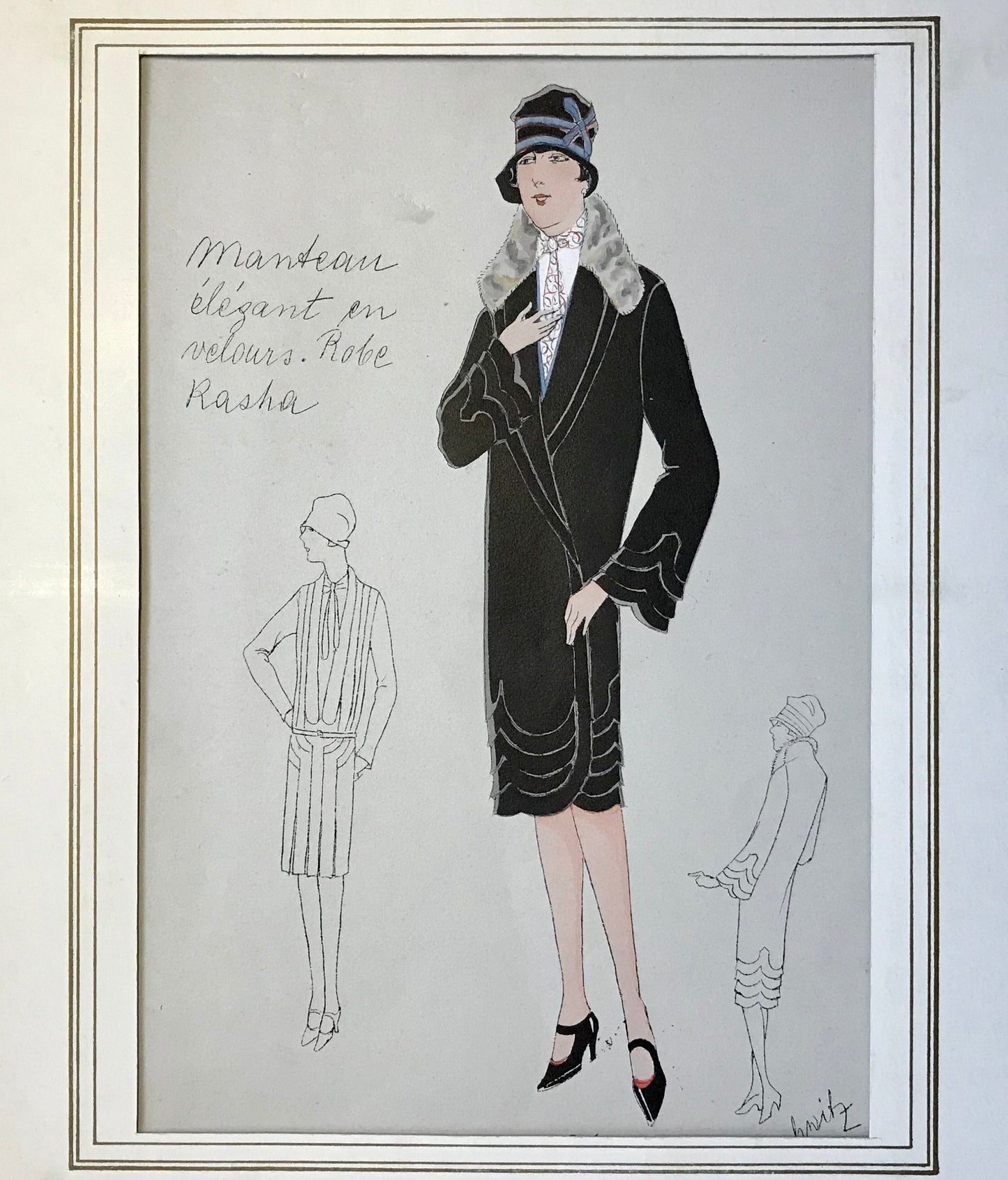 An Original Fashion Sketch, or Croquis, from Parisian Atelier Bachwitz. A Hand Coloured Lithograph print. 1930’s. Size: 30.2 x 19.1 cms.