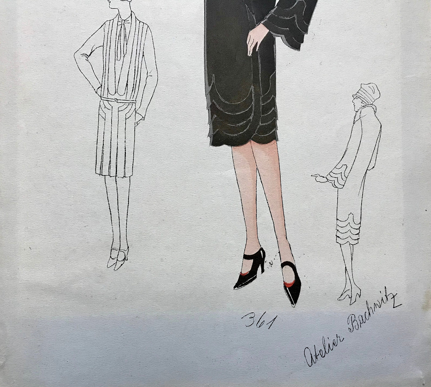 An Original Fashion Sketch, or Croquis, from Parisian Atelier Bachwitz. A Hand Coloured Lithograph print. 1930’s. Size: 30.2 x 19.1 cms.