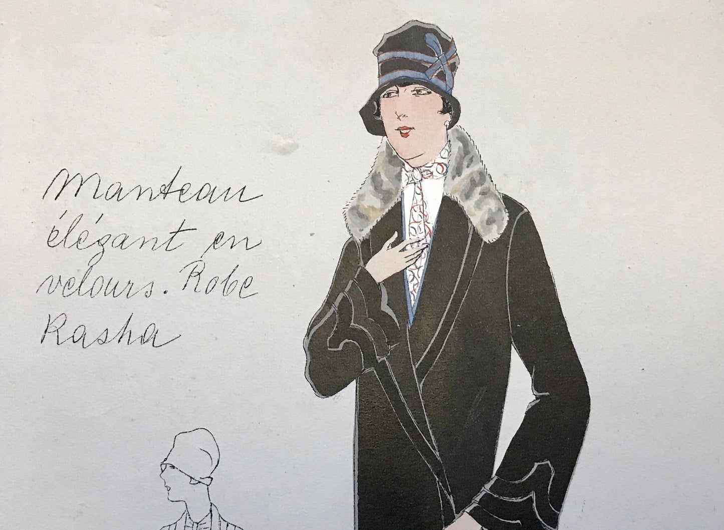An Original Fashion Sketch, or Croquis, from Parisian Atelier Bachwitz. A Hand Coloured Lithograph print. 1930’s. Size: 30.2 x 19.1 cms.