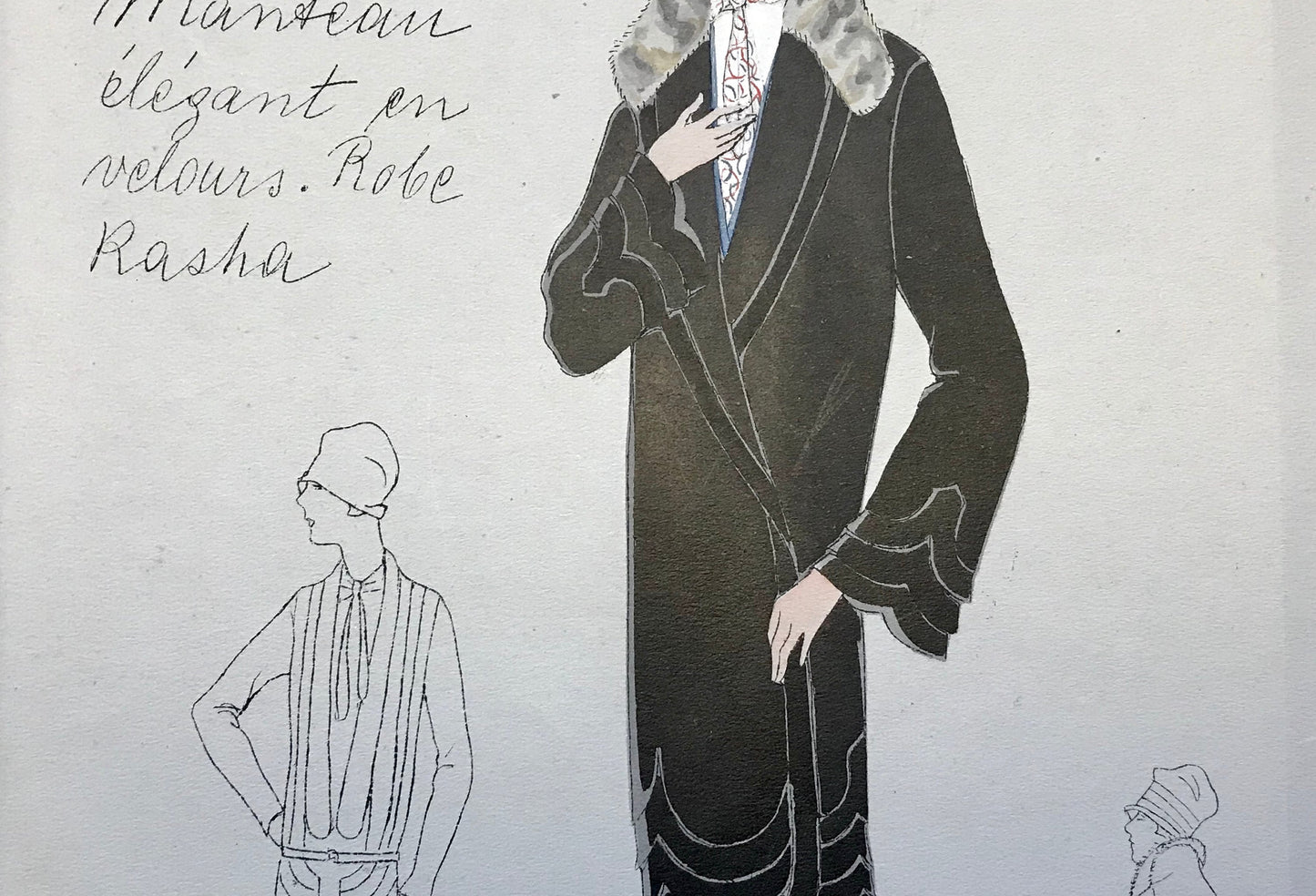 An Original Fashion Sketch, or Croquis, from Parisian Atelier Bachwitz. A Hand Coloured Lithograph print. 1930’s. Size: 30.2 x 19.1 cms.