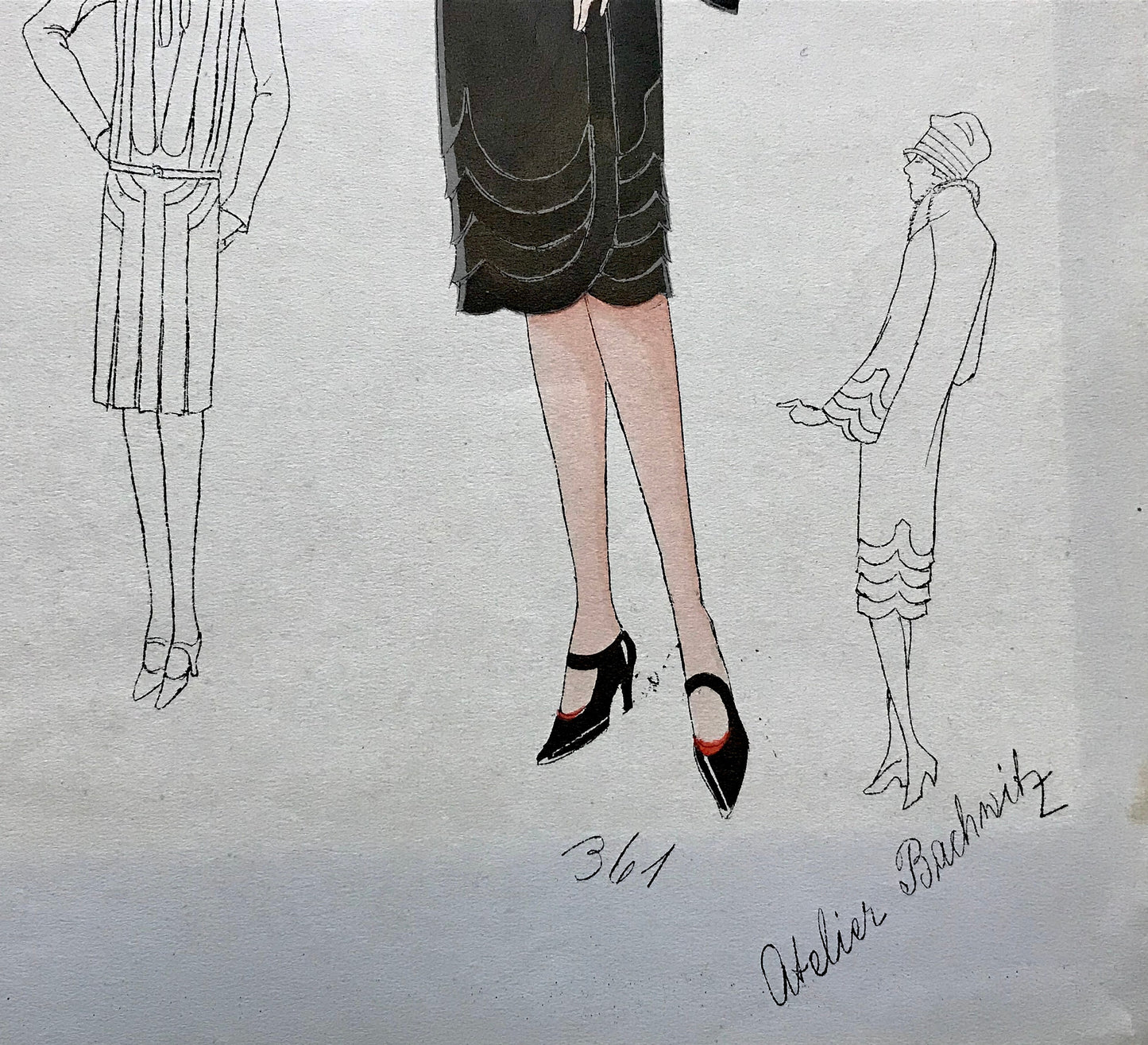 An Original Fashion Sketch, or Croquis, from Parisian Atelier Bachwitz. A Hand Coloured Lithograph print. 1930’s. Size: 30.2 x 19.1 cms.