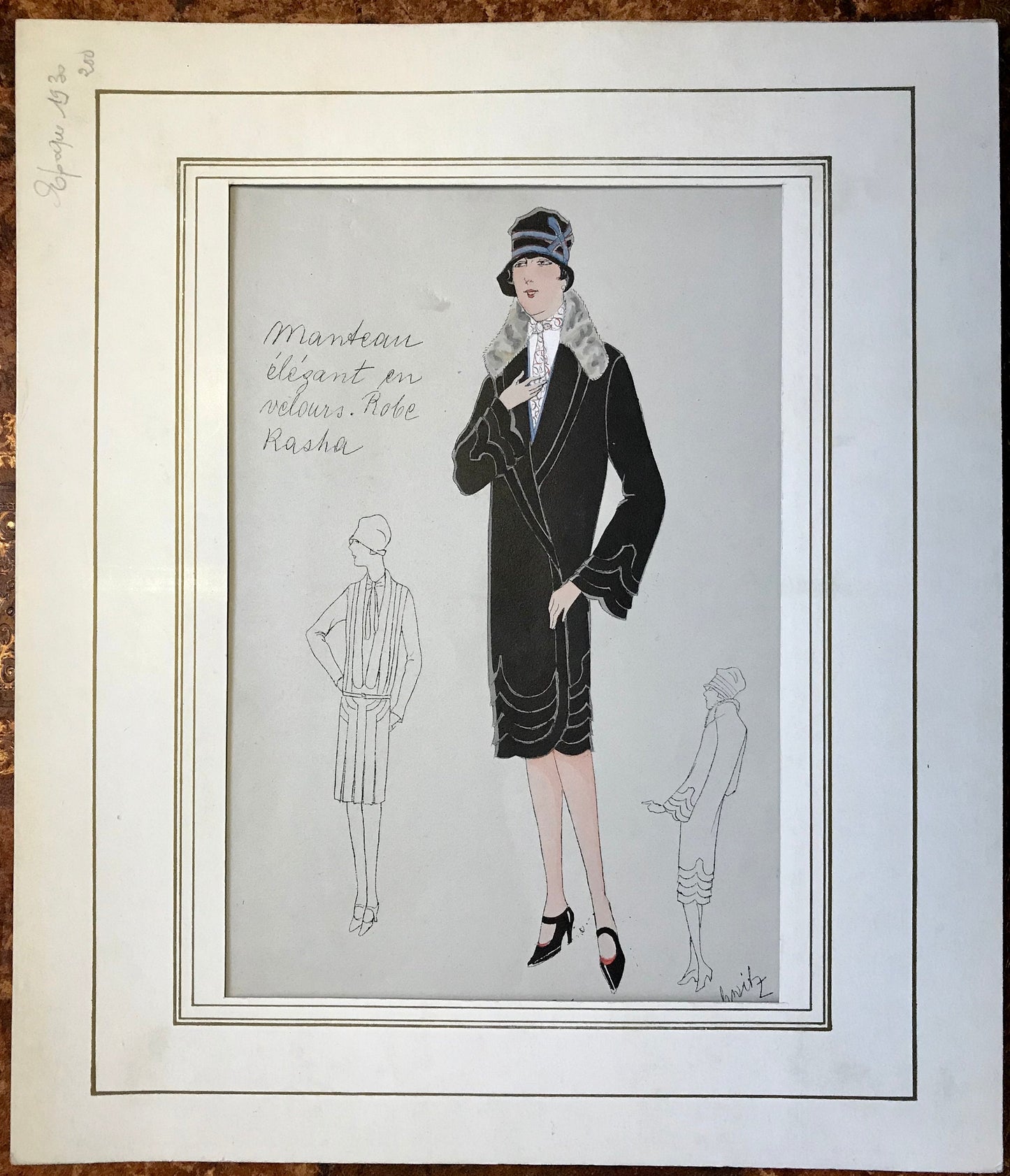 An Original Fashion Sketch, or Croquis, from Parisian Atelier Bachwitz. A Hand Coloured Lithograph print. 1930’s. Size: 30.2 x 19.1 cms.
