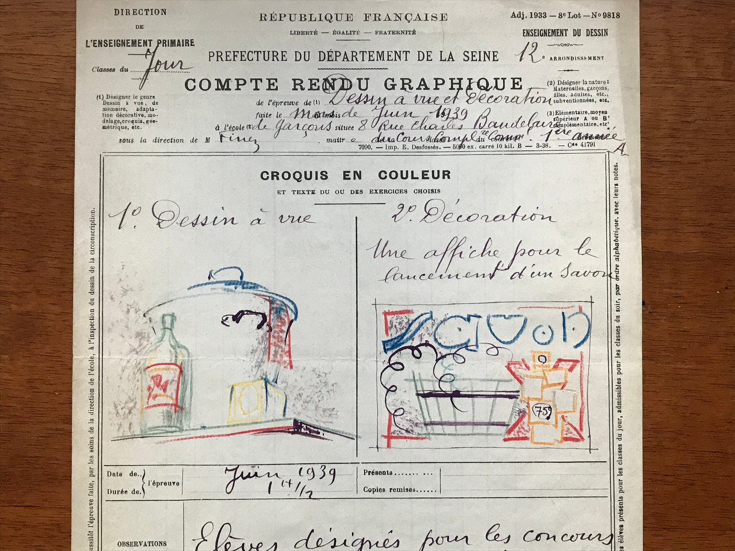 An original artwork. An Examination Piece from a Parisian Art School. Dated 1939. Size: 27 x 21 cms.