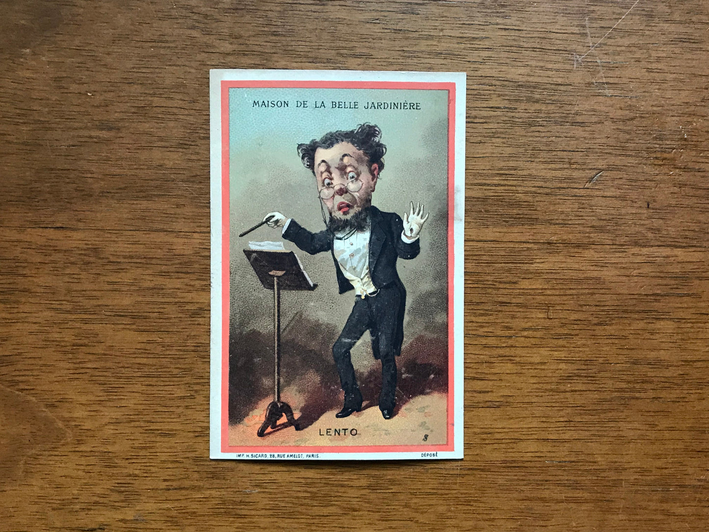 A Set of 8 French Trade Cards. Featuring conductors illustrating the mood of the music played. Dated 1878. Size: 12 x 8 cms.