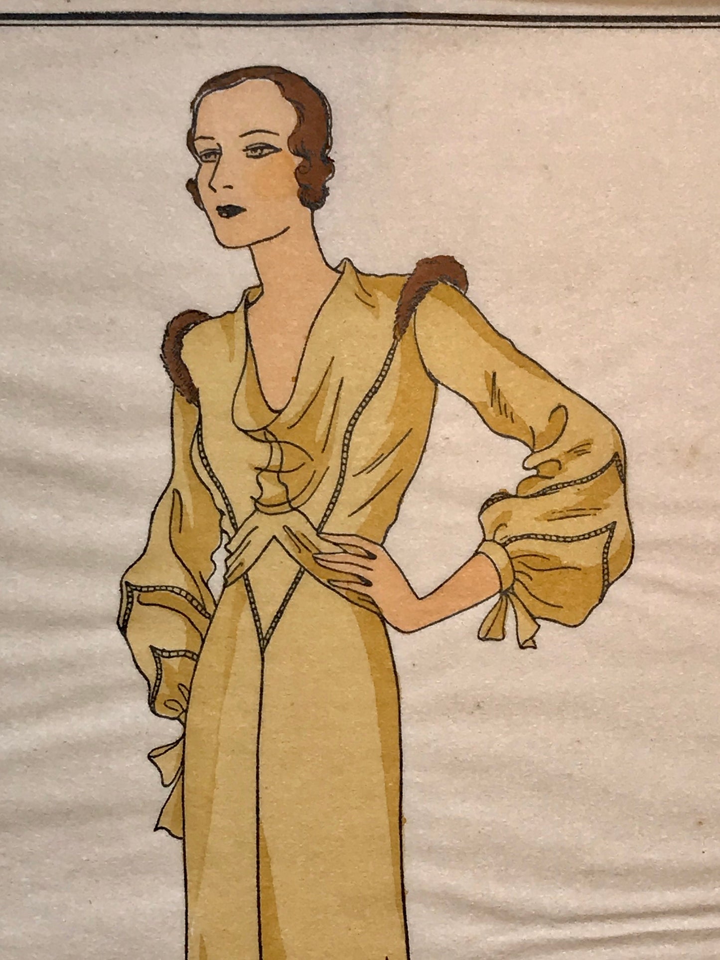An Original Fashion Sketch, or Croquis, from ‘Les Creations Parisiennes’. A Hand Coloured Lithograph print. 1930. Size: 18.2 x 23.8 cms.