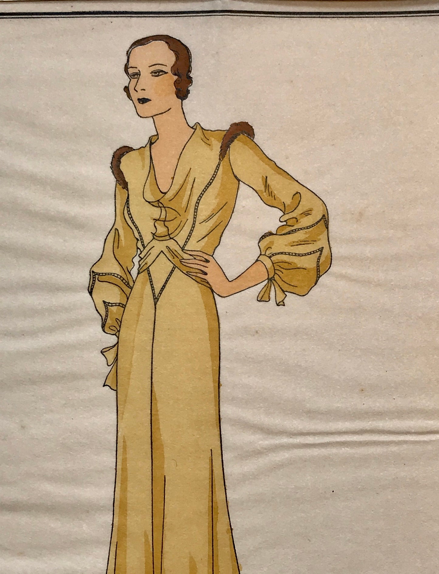 An Original Fashion Sketch, or Croquis, from ‘Les Creations Parisiennes’. A Hand Coloured Lithograph print. 1930. Size: 18.2 x 23.8 cms.