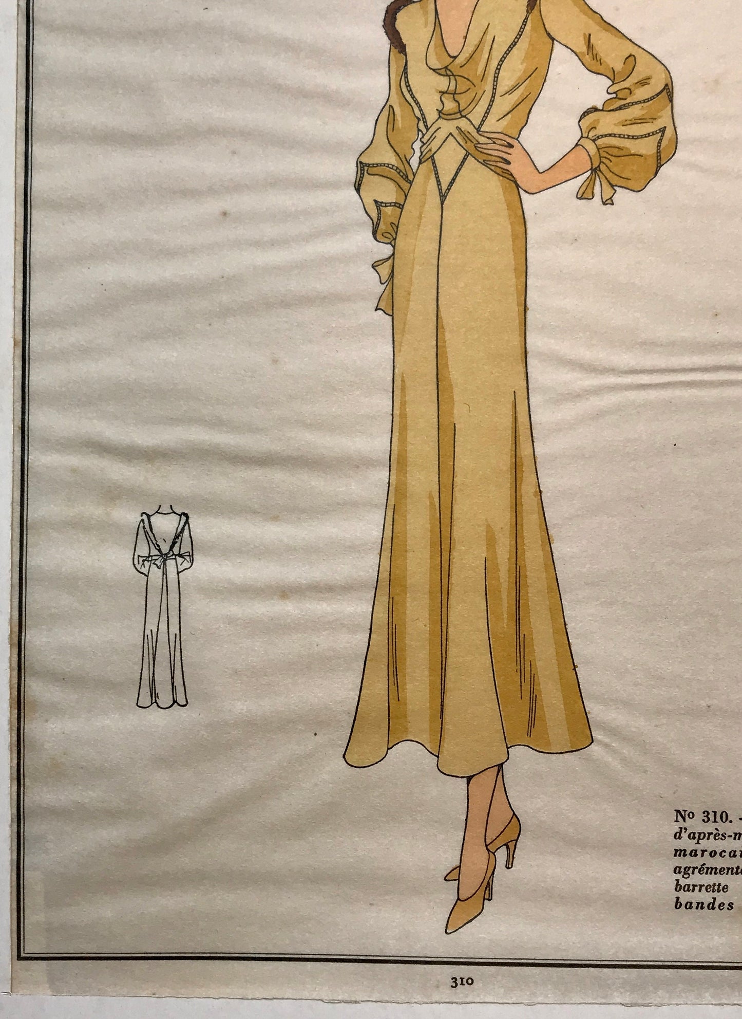 An Original Fashion Sketch, or Croquis, from ‘Les Creations Parisiennes’. A Hand Coloured Lithograph print. 1930. Size: 18.2 x 23.8 cms.