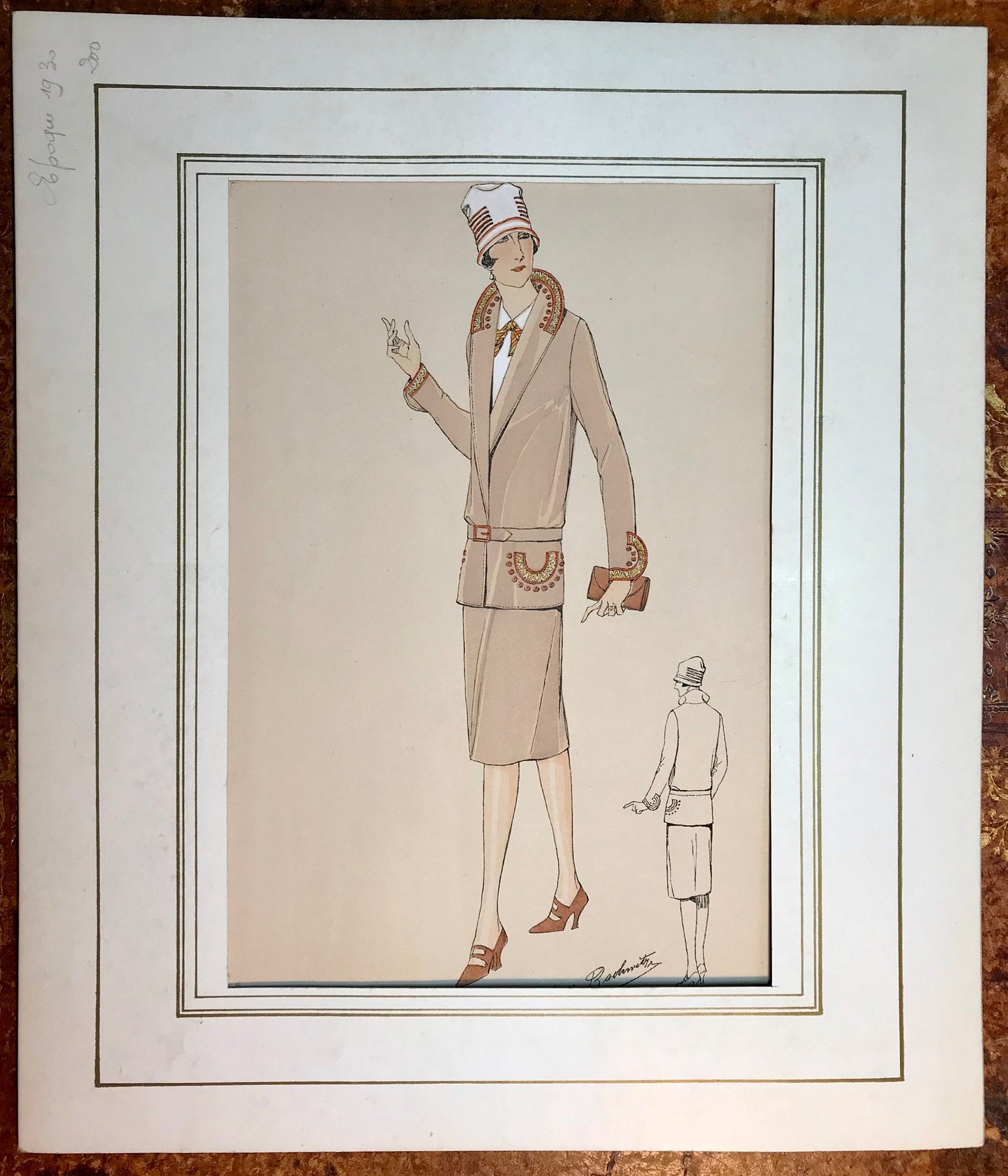 An Original Fashion Sketch, or Croquis, from Parisian Atelier Bachwitz. A Hand Coloured Lithograph print. 1930’s. Size: 30.5 x 18.8 cms.