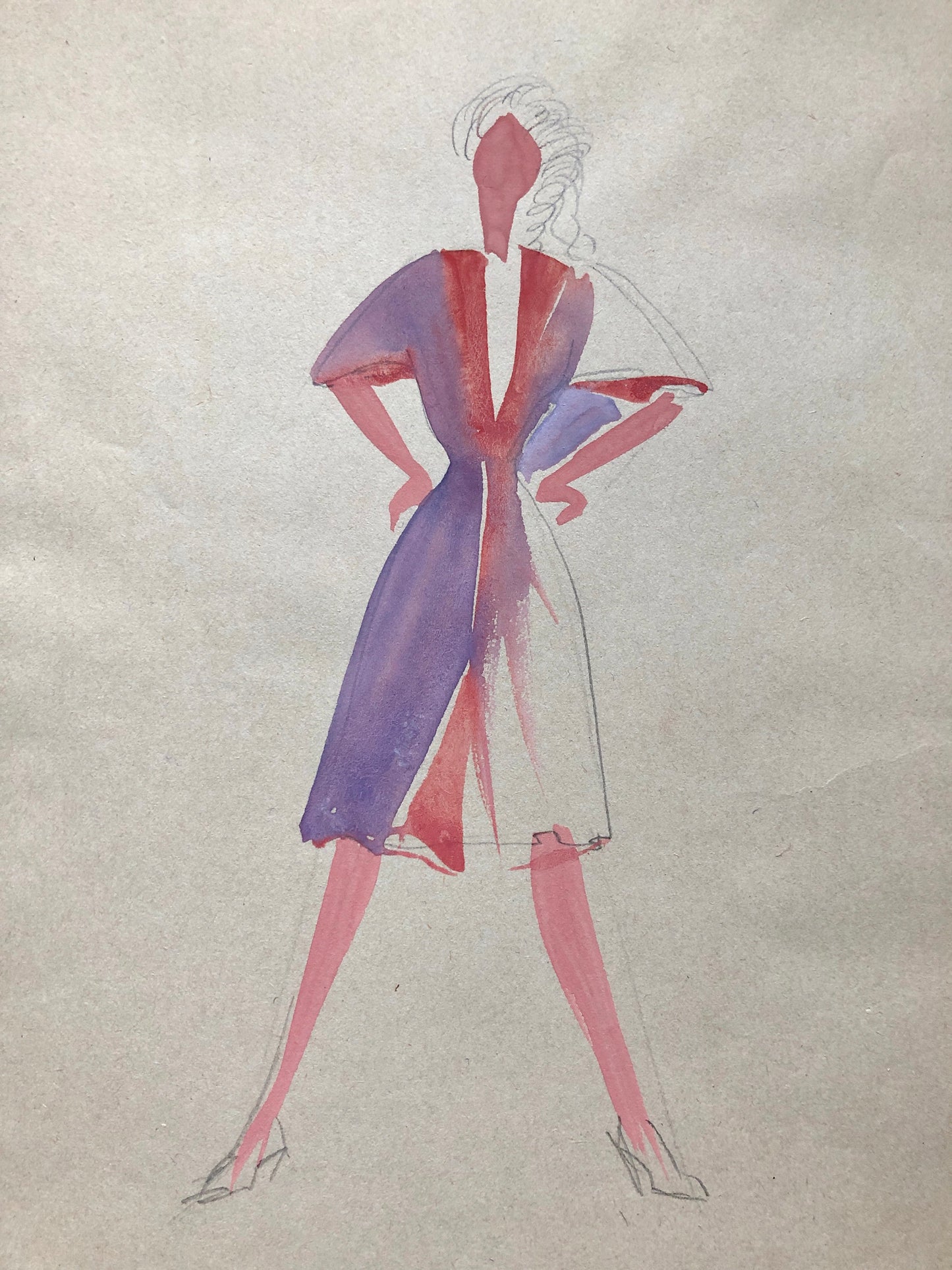 An Original Fashion Sketch, or Croquis, by Parisian Designer Yvette Micas. Hand Drawn and Painted. 1940’s. Signed. Size: 26.5 X 20.5 cms.