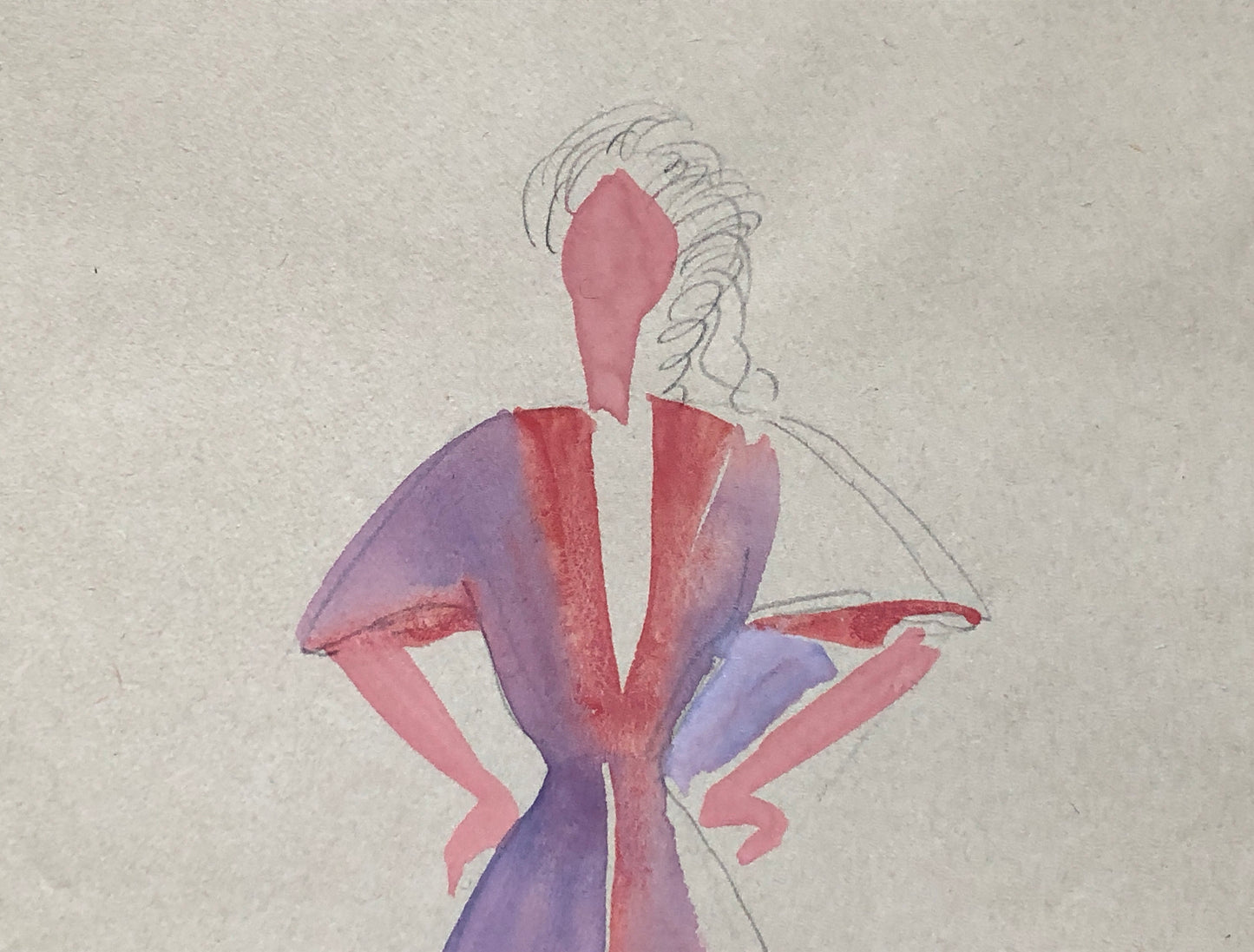 An Original Fashion Sketch, or Croquis, by Parisian Designer Yvette Micas. Hand Drawn and Painted. 1940’s. Signed. Size: 26.5 X 20.5 cms.
